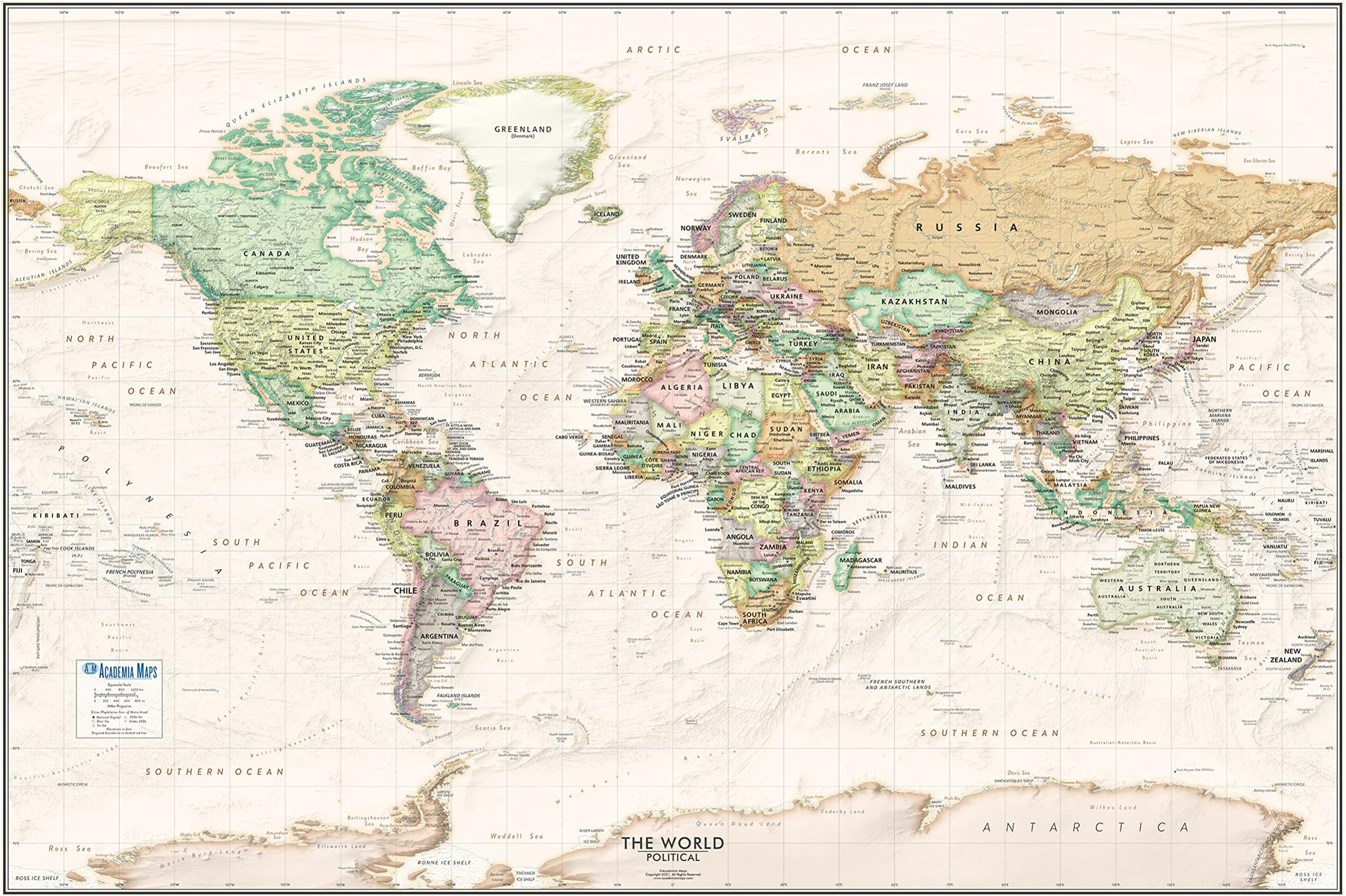 Large Laminated World Map Poster 36x24 Inches - Detailed & Current Political Wall Map with Antique Ocean Design - Perfect for Executives & Educational Use
