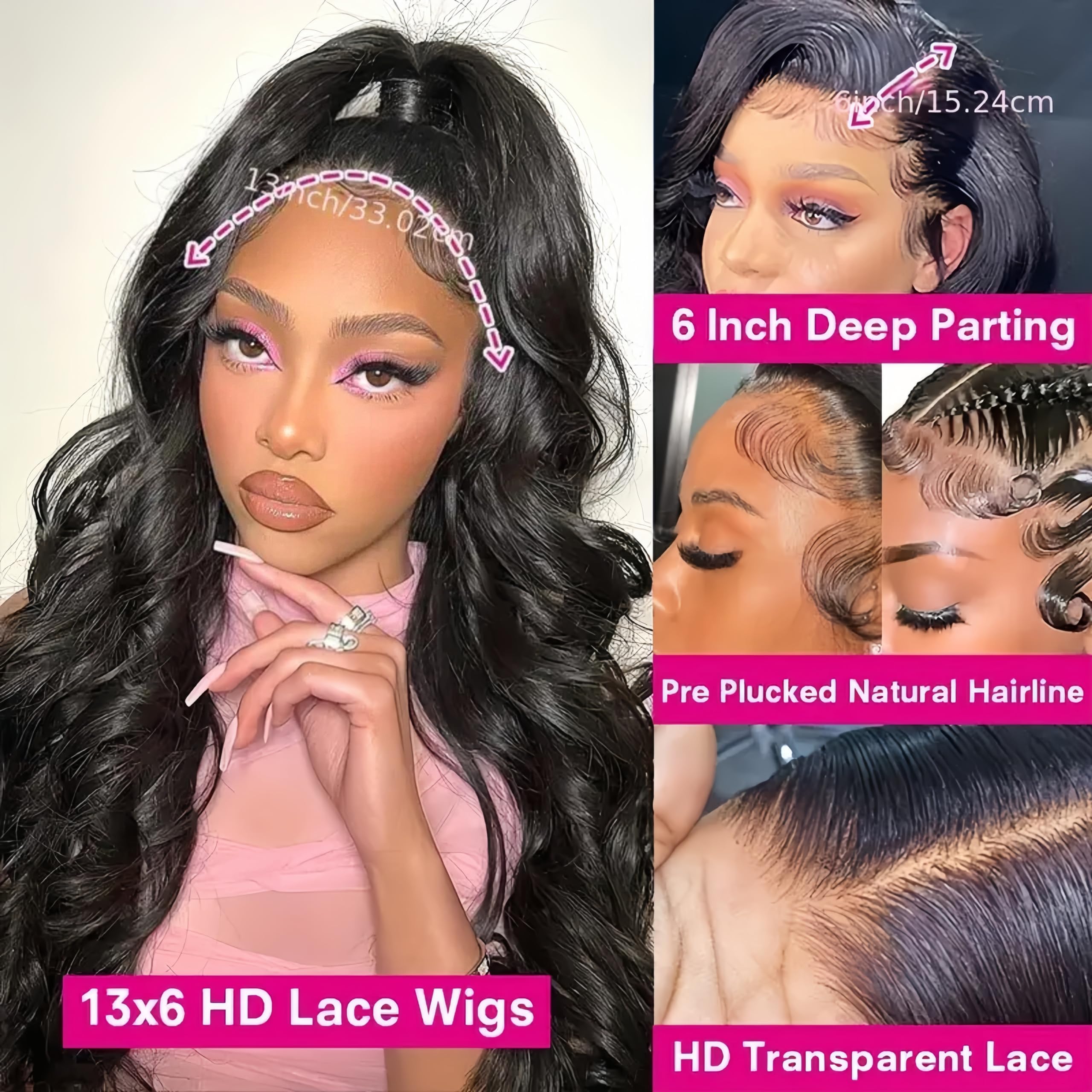 kolyula 30 Inch 13x6 Lace Front Wigs Human Hair 180% Density Body Wave Lace Front Wigs Human Hair Pre Plucked HD Lace Front Wigs Glueless Human Hair Wigs with Baby Hair Natural Black