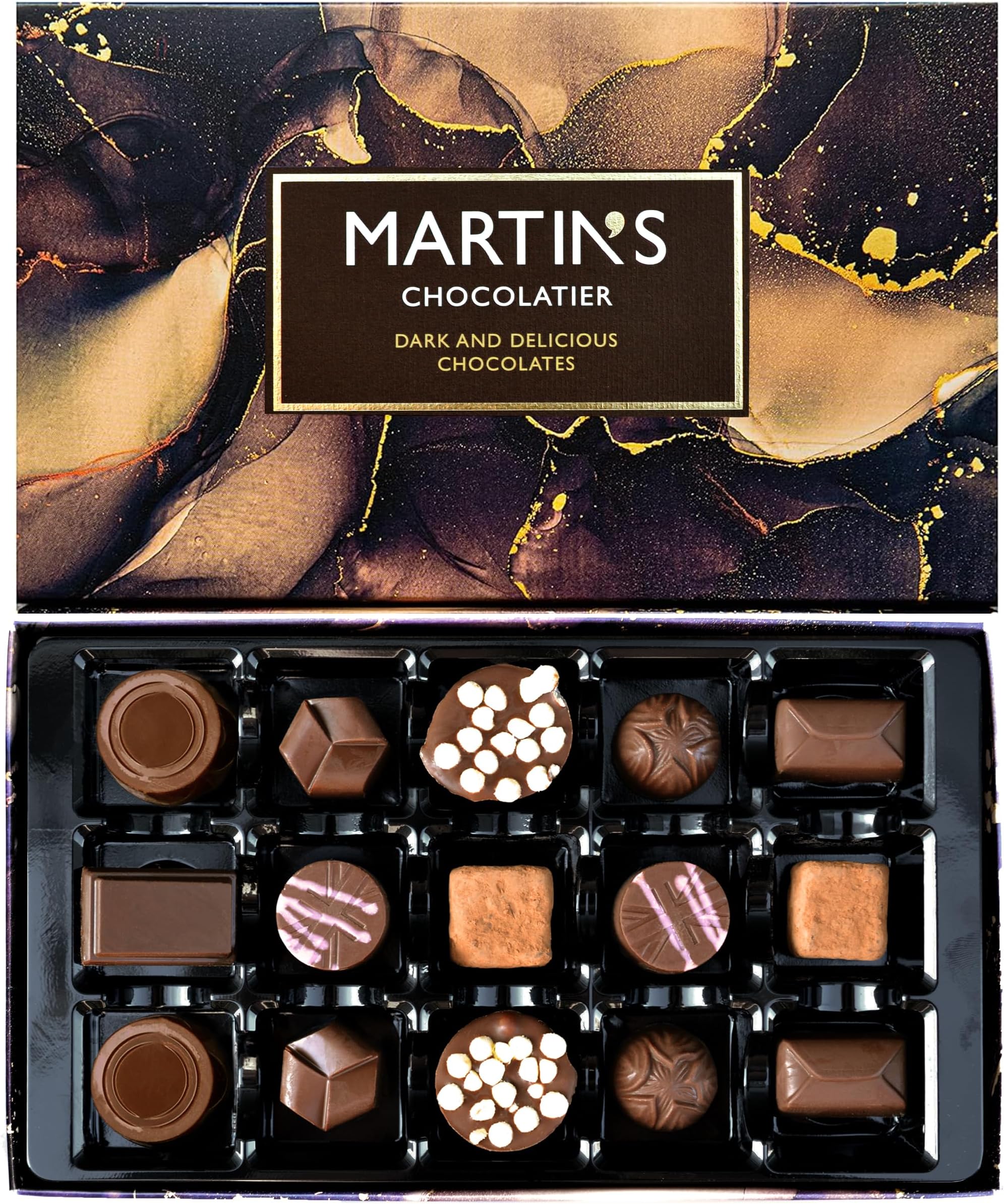 Martin's Chocolatier Dark and Delicious Chocolate Gift Box | 15 Luxury Belgian Style Dark Chocolates in 8 Flavours | Handmade in England | 200g