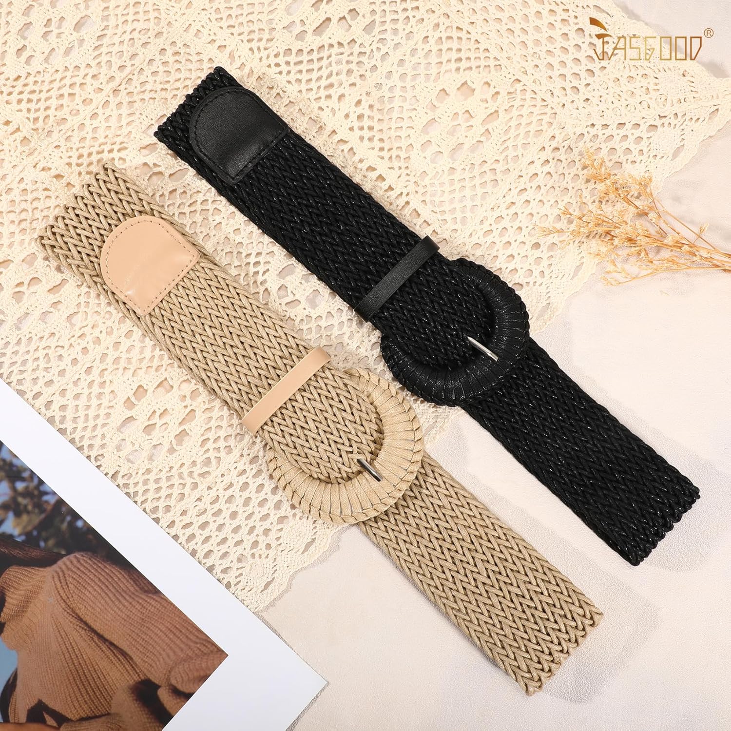 JASGOOD 2 Pack Women Woven Waist Belt for Dress Boho Rattan Belt Wide Braided Belt with Round Buckle - Image 5