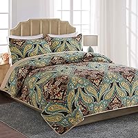 Vista 3 de HoneiLife Juego de edredón tamaño individual – Colchas de algodón de 3 piezas con estampado de cachemira, colcha ligera, juego de ropa de cama Café