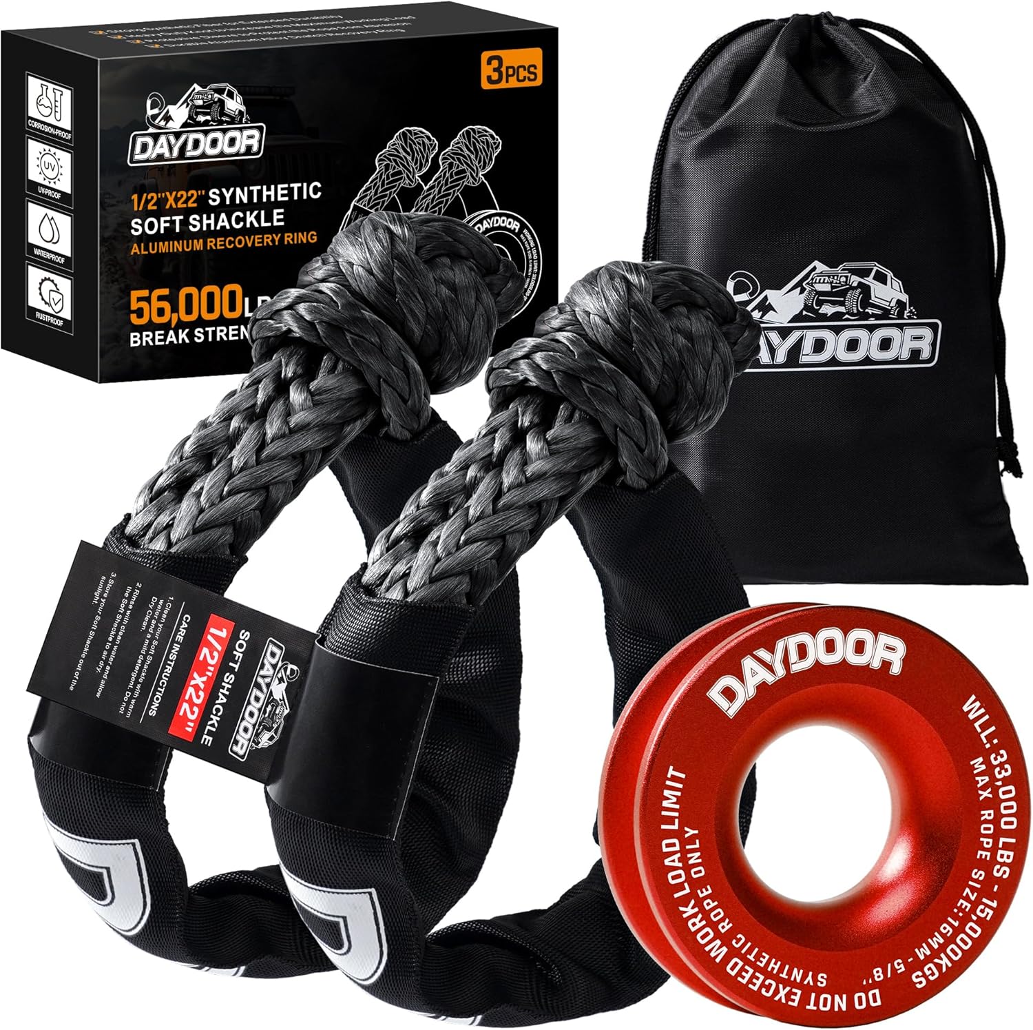DAYDOOR Synthetic Soft Shackle & Winch Recovery Ring Kit, 2 PCS 1/2'' x