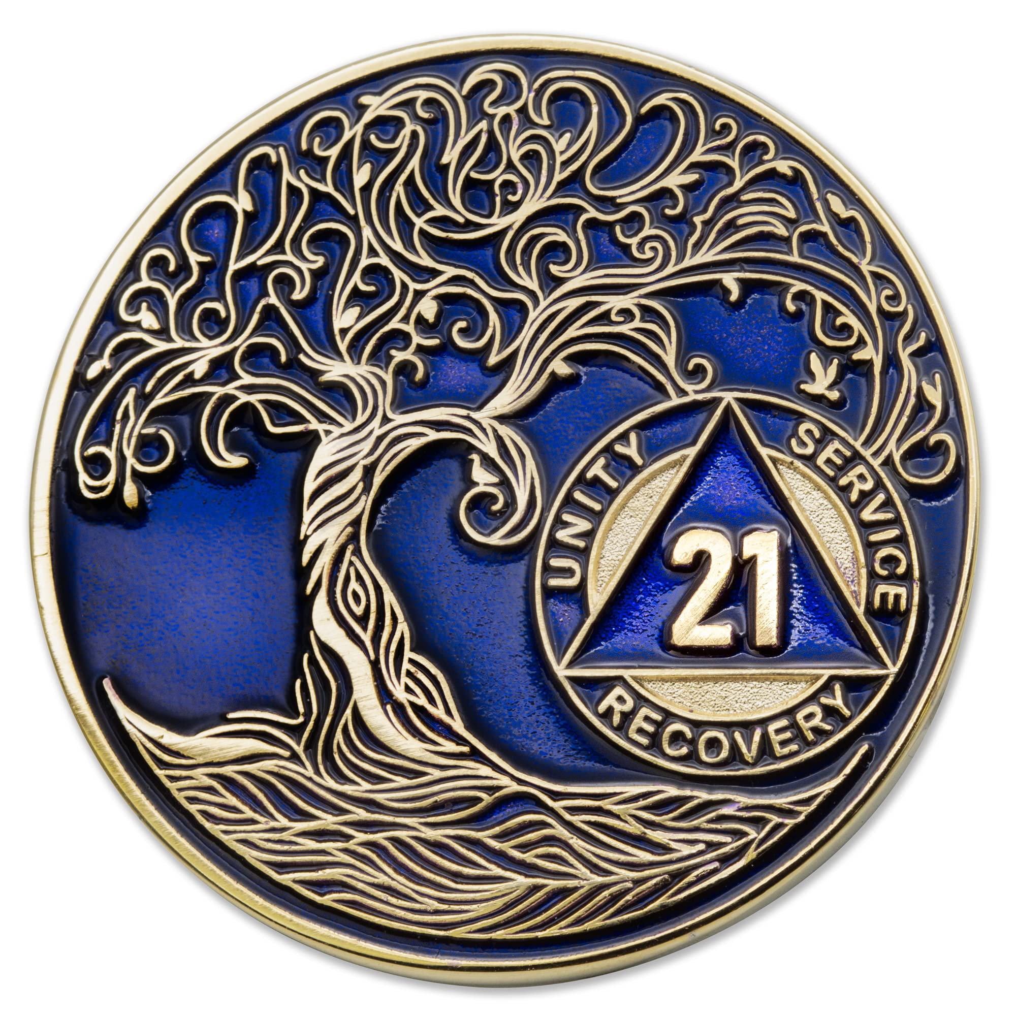 1 to 50 Year Twisted Tree of Life Sobriety Coin - Gold Plated AA Chips &amp; Medallions - 21 Year Sobriety Coin - Translucent Blue