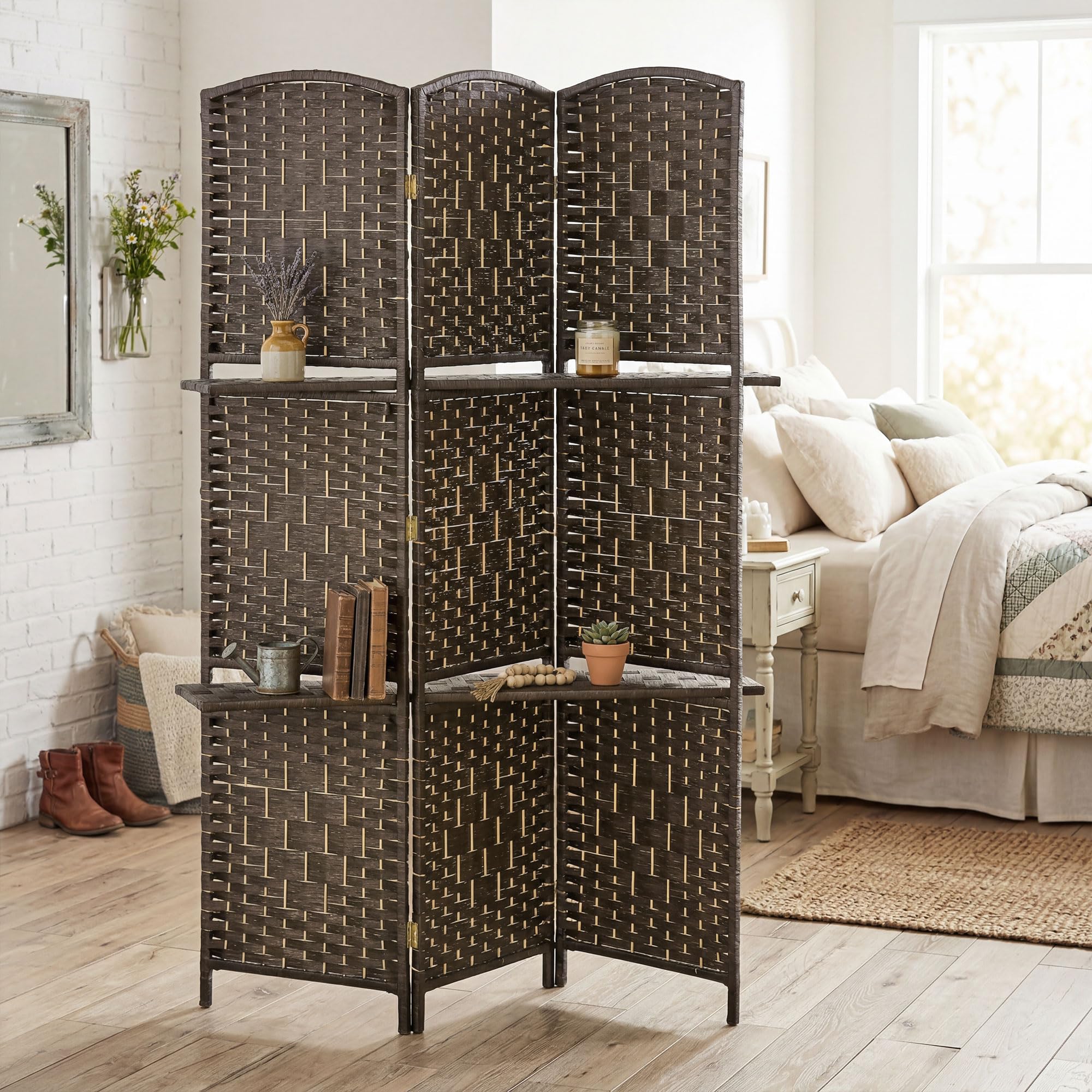 HOMCOM Biombo Separador de Ambientes de 4 Paneles 160x170 cm con 2 Estantes de Exhibición Pantalla de Privacidad Plegable Divisor para Oficina Dormitorio Marrón