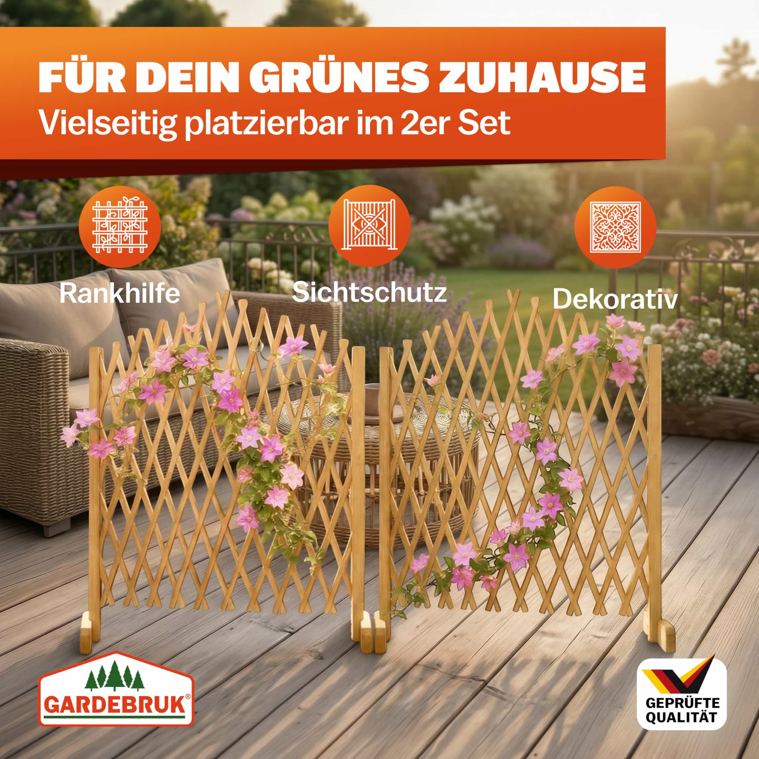 Gardebruk 2x Griglia Flessibile Estendibile in Legno da Giardino 200 cm Pieghevole Grigliato per Rampicanti Recinzione Balcone Separatore