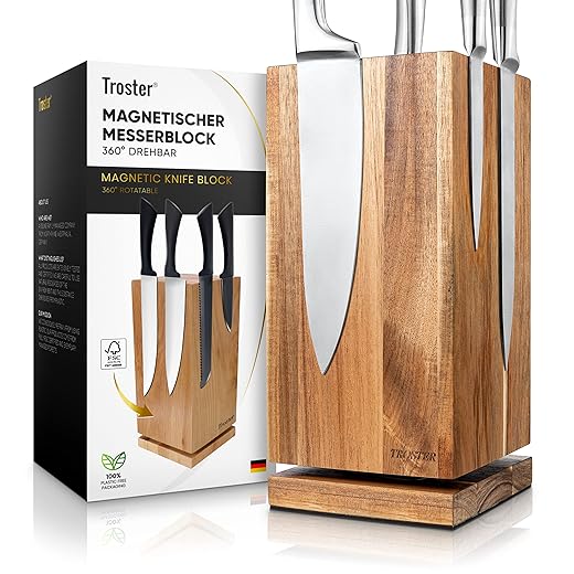Troster® Magnetischer Messerblock ohne Messer - Messerhalter 360° drehbar - Akazienholz - Magnetblock unbestückt - Magnet Messerhalter - knife holder - Messerhalter magnetisch
