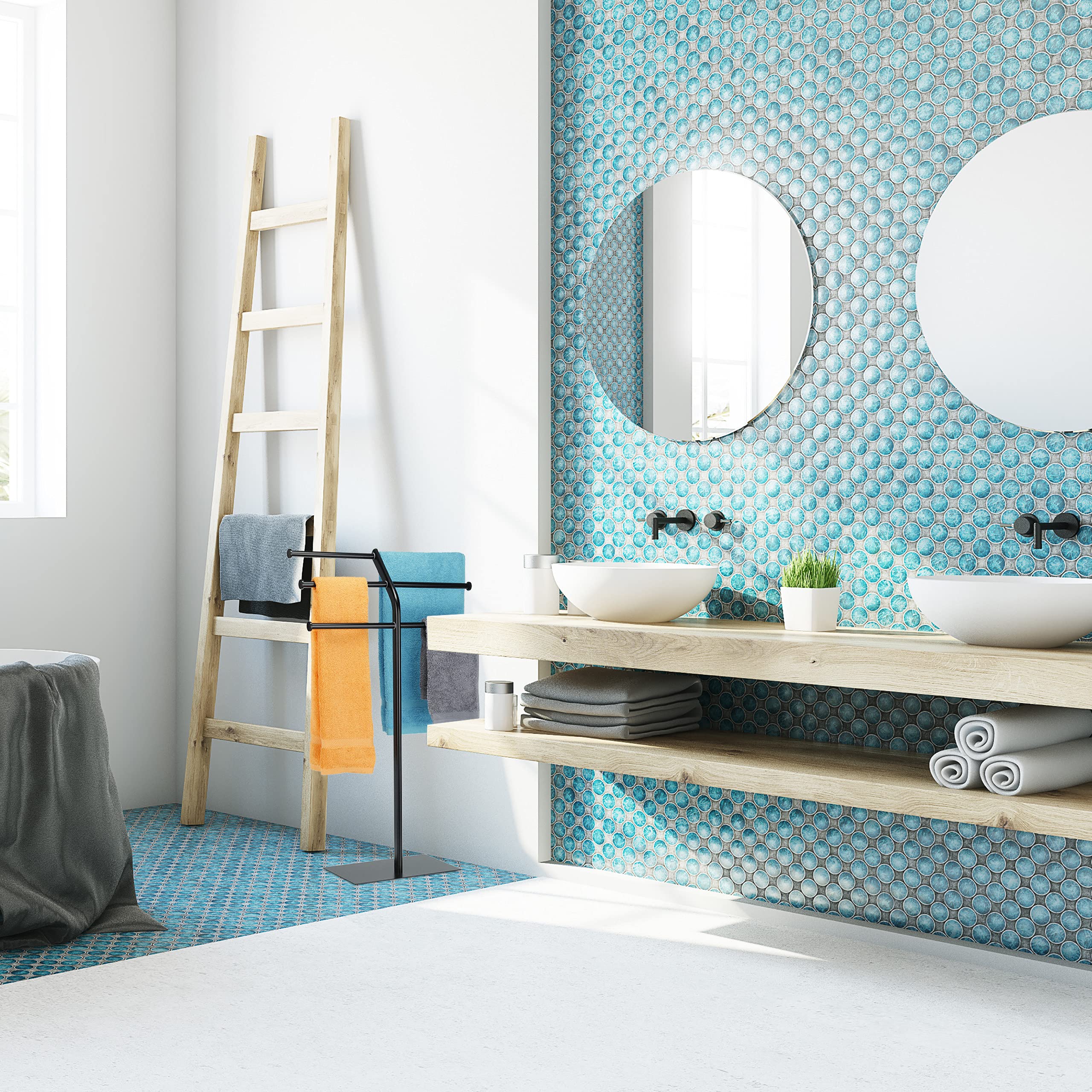 Relaxdays Piantana Porta Asciugamani, 3 Bracci per 6 Salviette, da Terra, Arredo Bagno, Cucina e Camera, in Ferro, Nero