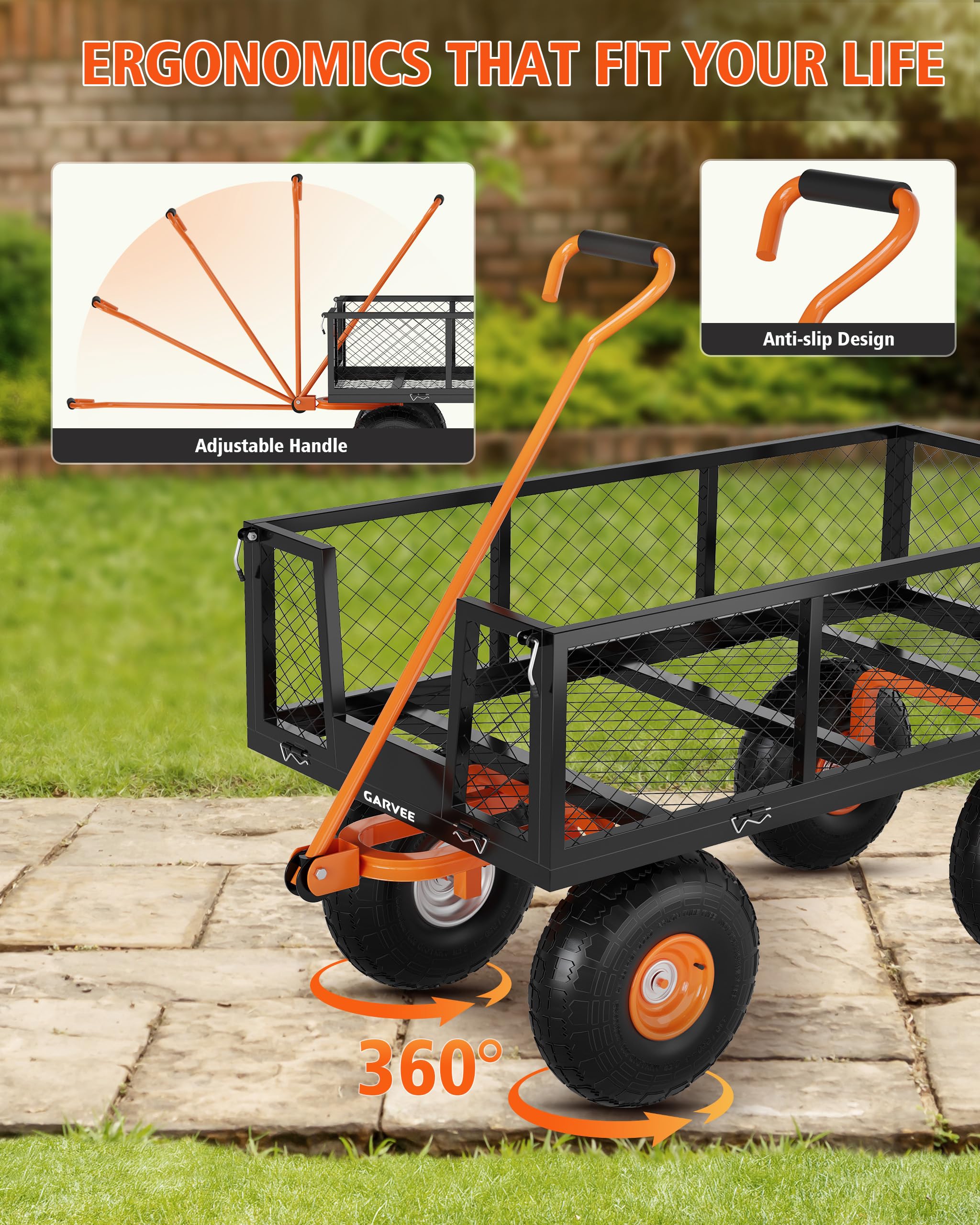 Brouette de jardin avec cadre en maille métallique, chariot de transport avec 4 grandes roues et guidon réglable, grande capacité de charge pour jardin, chantier et extérieur, noir