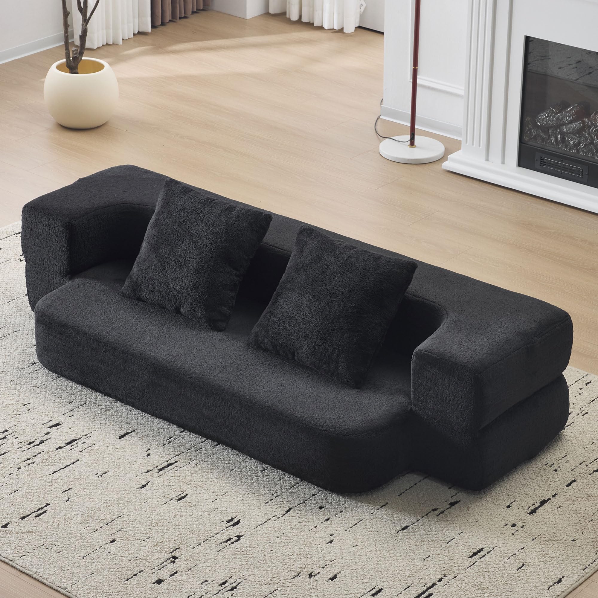 Sofá multifuncional con 2 cojines, sofá convertible moderno, sofá de 2 plazas de suelo, ahorro de espacio, espuma de alta resistencia, para sala de estar y dormitorio, no requiere montaje, negro