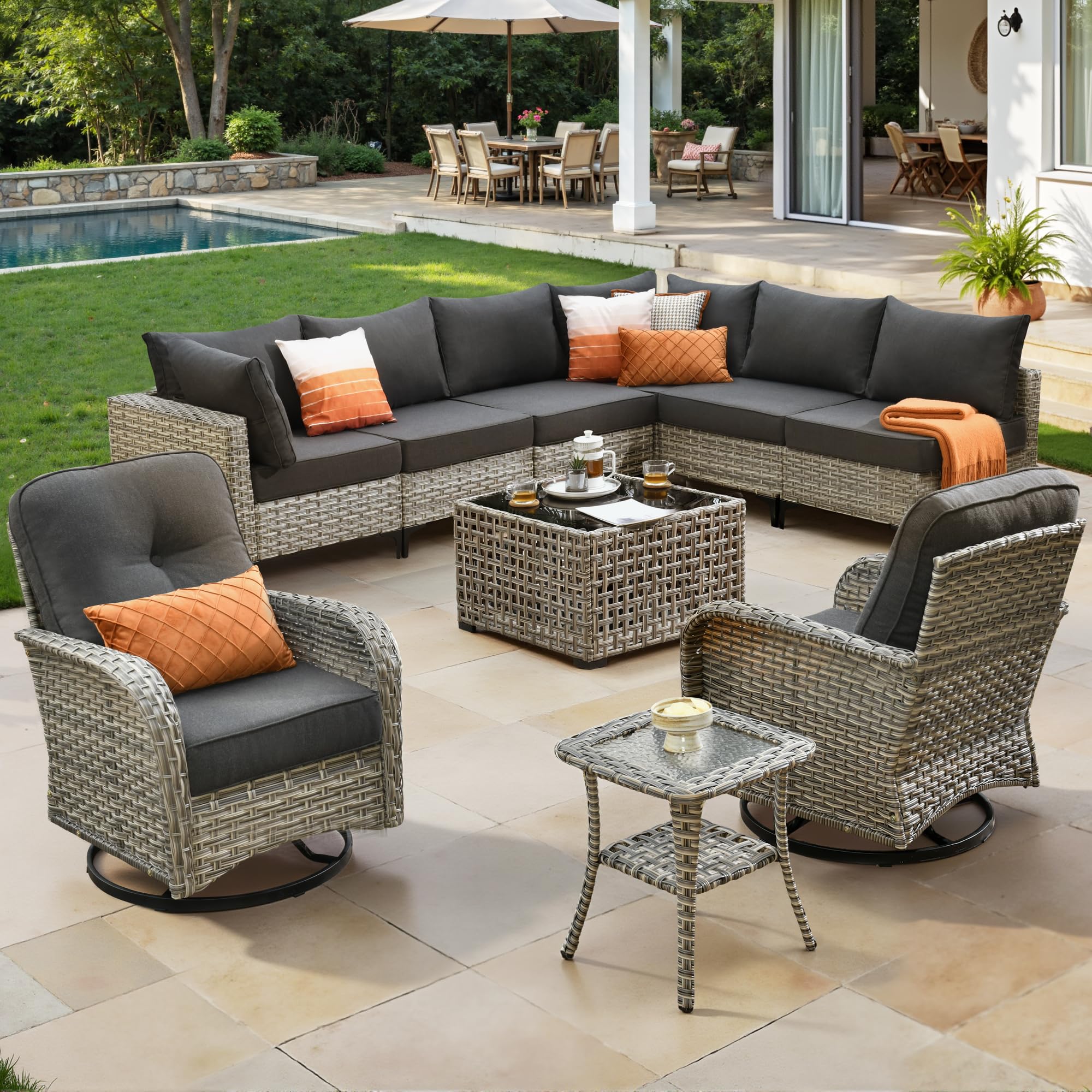 10 Piece Outdoor Patio Furniture with Swivel Rocking Chair, Rattan Wicker Conversation Set with Glowing Coffee Table, Sectional Single Chairs for