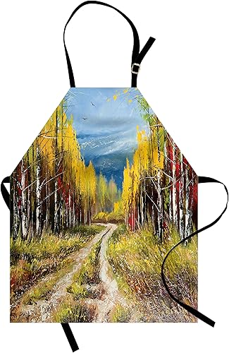 Lunarable Country Apron, Road Path between Trees in the Fall Autumn with Scenic Nature Rural Art, Unisex Kitchen Bib Apron with Adjustable Neck for