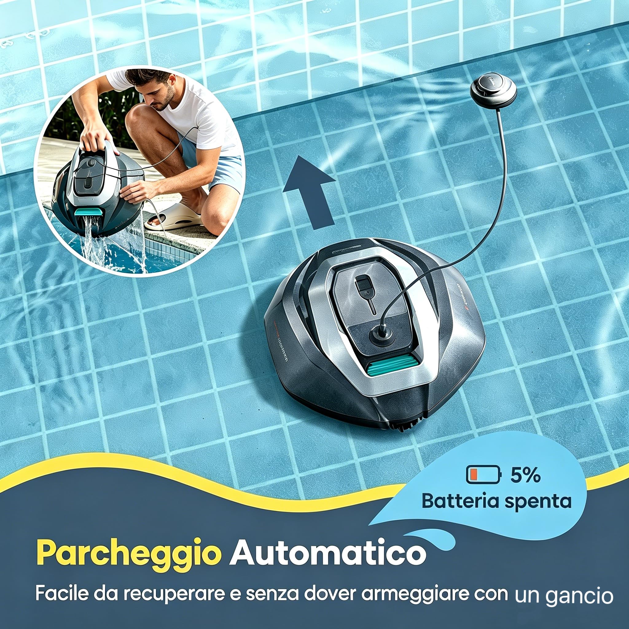 Robot Piscina Pooleco 10s, Robot Pulitore per Piscina Senza Fili 90min, Controllo Via Applicazione e a Distanza, Auto-Parking, per Tutte Le Superfici di Piscine Fuori Terra e Interrate Fino a 80㎡