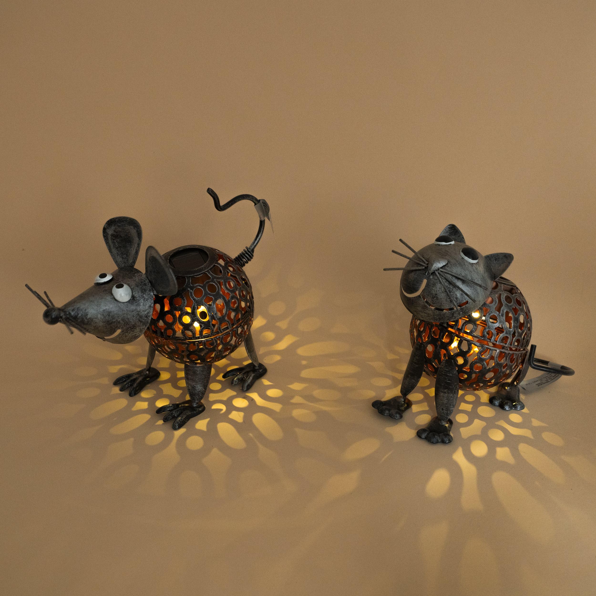 Esotec Solar Metall Figuren für den Garten Vogelpaar Katz & Maus, silberfarben, Akku, Solarmodul, LED Gartendekofigur 103100