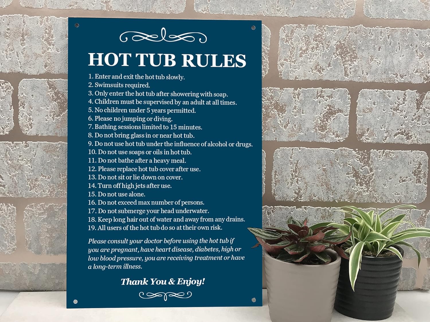 Hot Tub Rules, Outdoor, Waterproof Sign, Black & White/Blue & White (Blue and White)