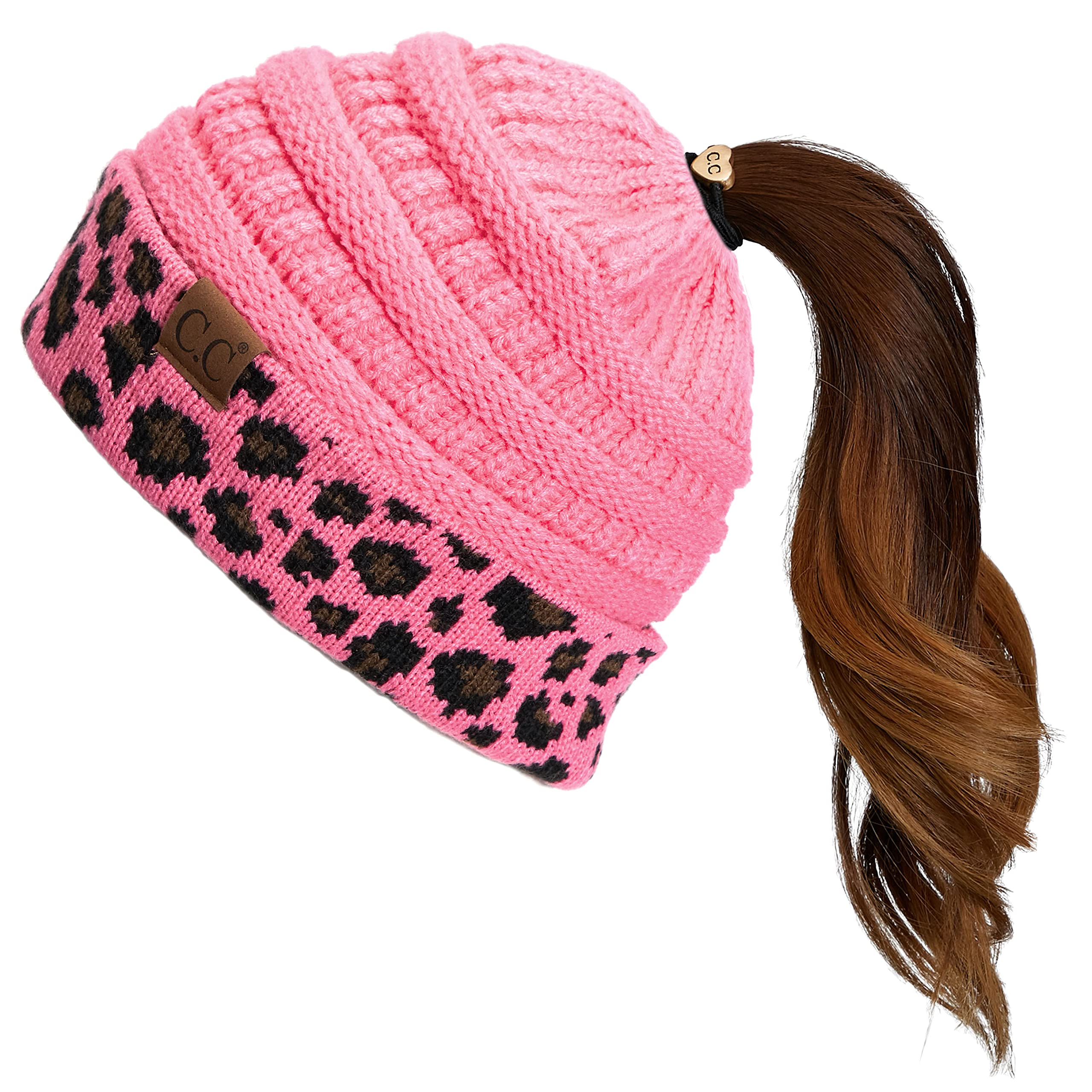 C.C Exclusives Soft Stretch Cable Knit Messy Bun Ponytail Beanie Winter Hat for Women (MB-20A)