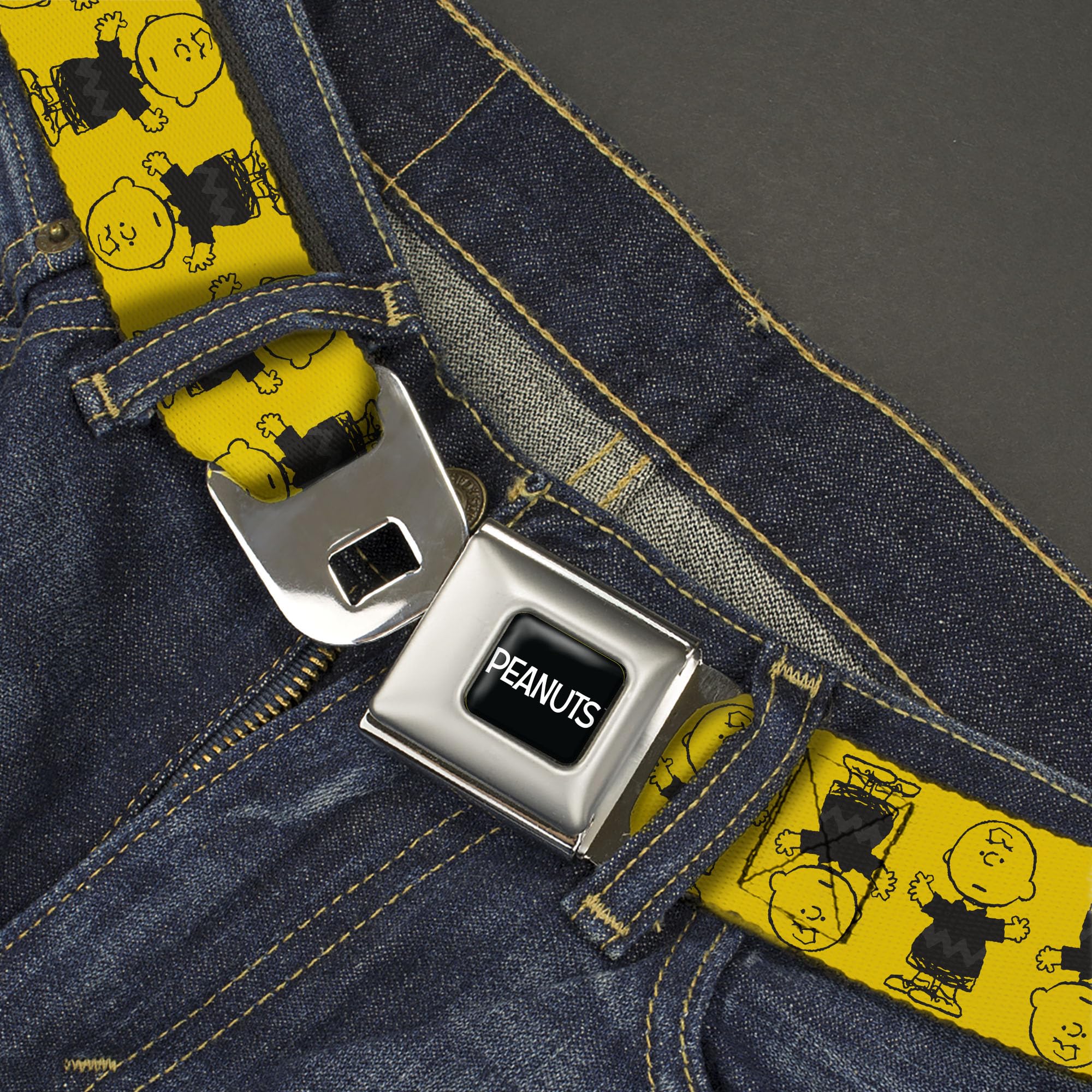 Peanuts Worldwide LLC Belt, Seatbelt Buckle Belt, Peanuts Charlie Brown Pose Flip Yellow Black, Youth 20 to 36 Inches