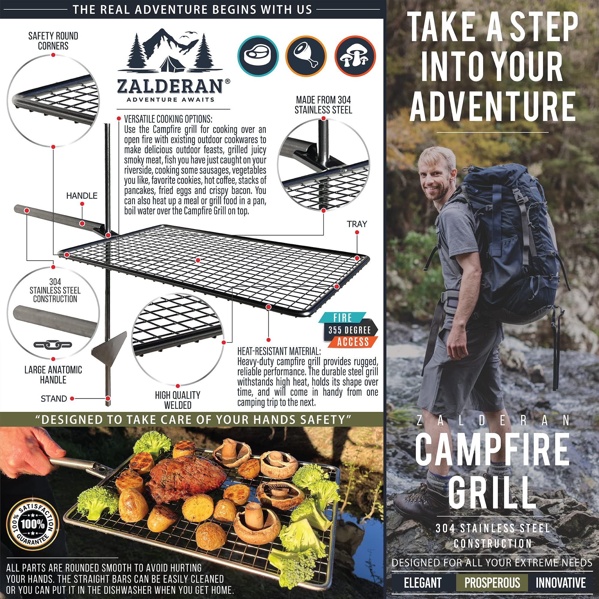 Ognisko grill ruszt plecak grill na otwarty ogień kemping przenośny, stal nierdzewna, Bushcraft, lekki, gotowanie nad ogniskiem, siatkowy grill, regulowane warzywa, ryby, boczek, kurczak.