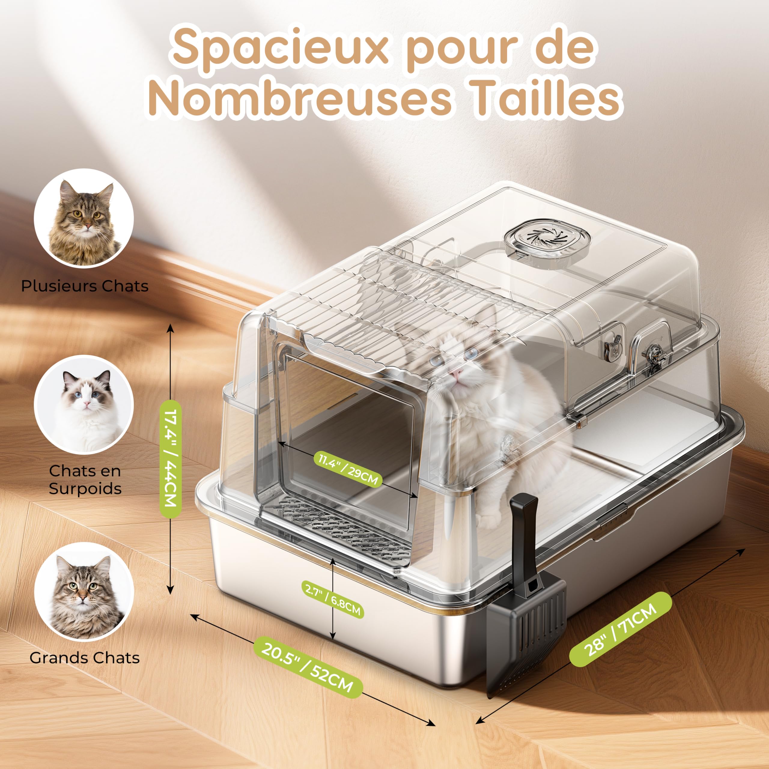 Bac à Litière en Acier Inoxydable, PalNests 120L XXL Litter pour Chat avec Couvercle à 105° et Pelle, Litière en Métal Amovible, 3 en 1 Litiere à Bords Hauts avec Désodorisant pour Litière pour Chat