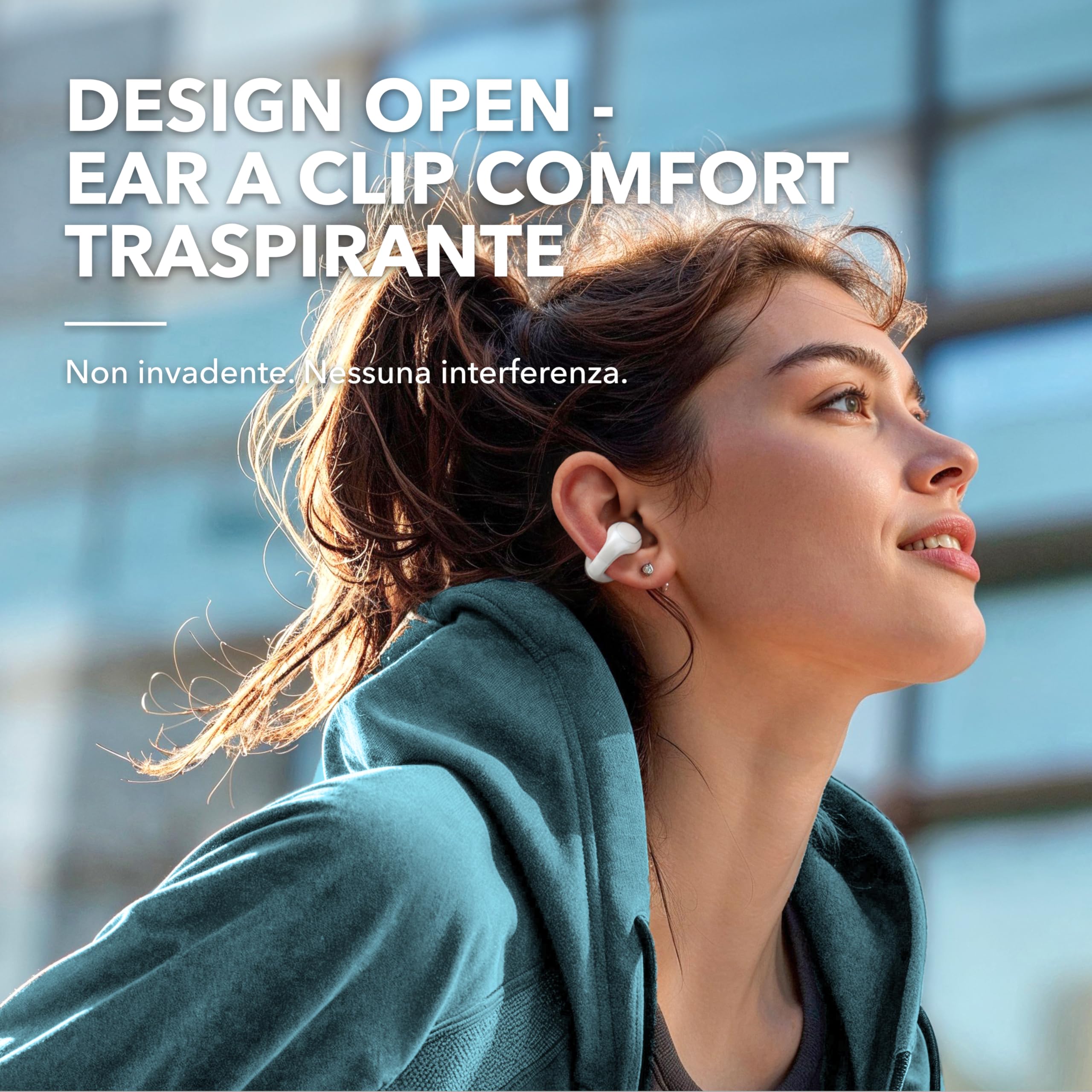 Soundcore C30i di Anker, auricolari open-ear con clip, comodi e leggeri, custodia design rigido, archetti collegabili, driver potenti per suono nitido, 30 ore di autonomia, resistente all'acqua IPX4