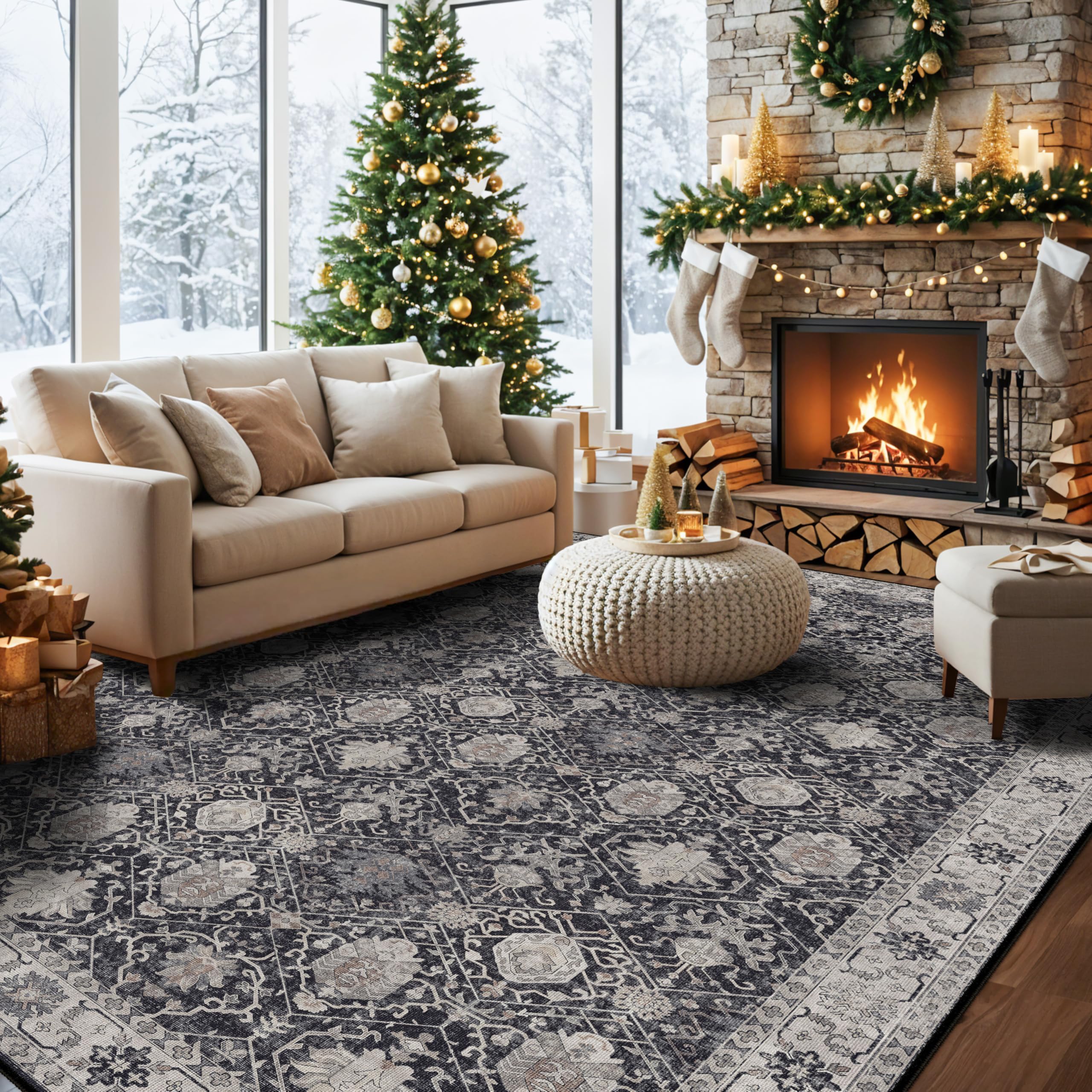 Vintage 10x14 Washable Area Rug: Large Living Room Rugs Indoor Soft Stain Resistant Carpet with Non-Slip Backing for Bedroom Dining Room Farmhouse Low Pile Floor Mat for King Size Bed (10x14 Black)