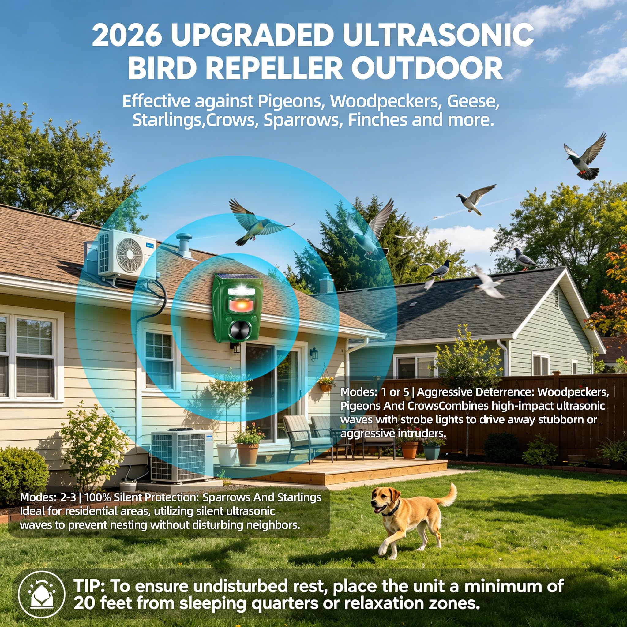 Paquete de 2 repelentes solares de animales ultrasónicos para exteriores con sensor de movimiento, luz estroboscópica para palomas, pájaros carpinteros, gatos, conejos, mapaches, ardillas, zorrillos