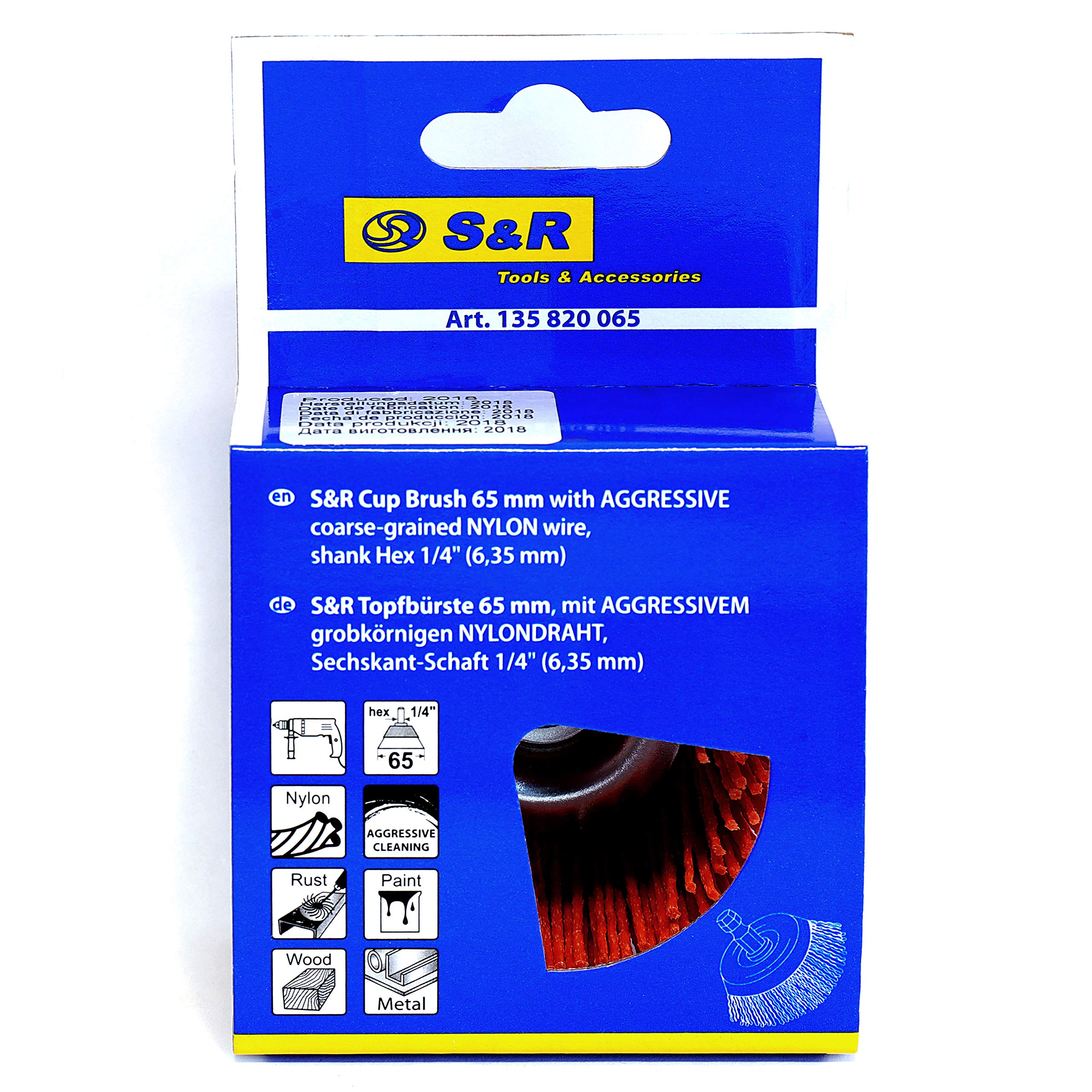 S&R Spazzola a Tazza per Trapano in Nylon AGGRESSIVO per pulitura e rifiniture di Legno Ferro Metalli Acciaio Fughe Piastrelle Pavimenti. Codolo esagonale 1/4" (6,35 mm)