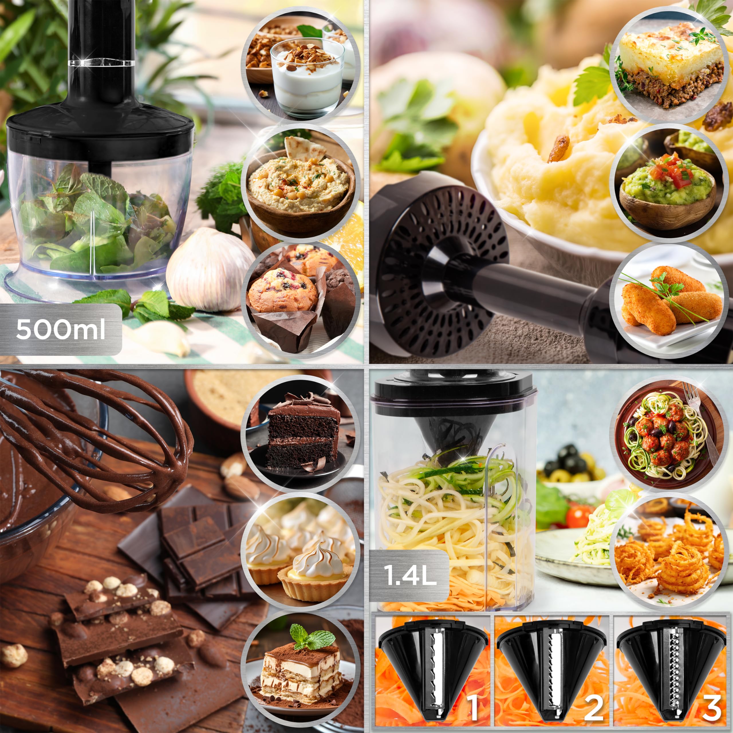 Duronic HB35 Elektryczny blender ręczny imersyjny do zup smoothie koktajli trzepaczka do jajek mikser z blenderem spiralizer do warzyw szatkownica