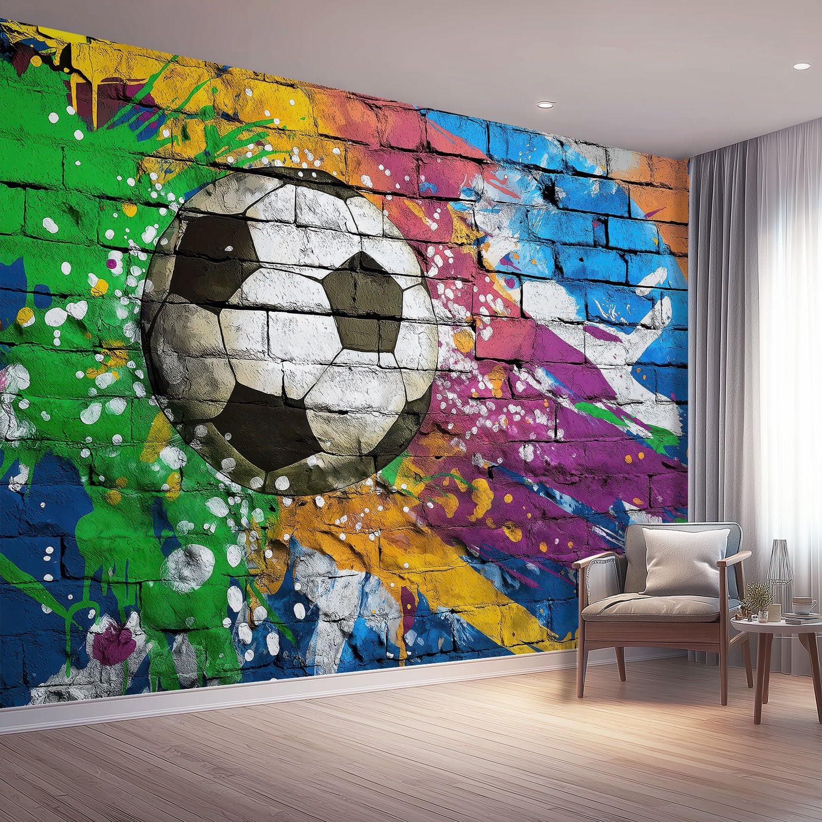 Fototapeta 400 x 280 cm, tapeta sportowa, sztuka uliczna, malowana ściana z cegły i piłka nożna, dekoracja ścienna, tapeta ścienna, do pokoju zabaw