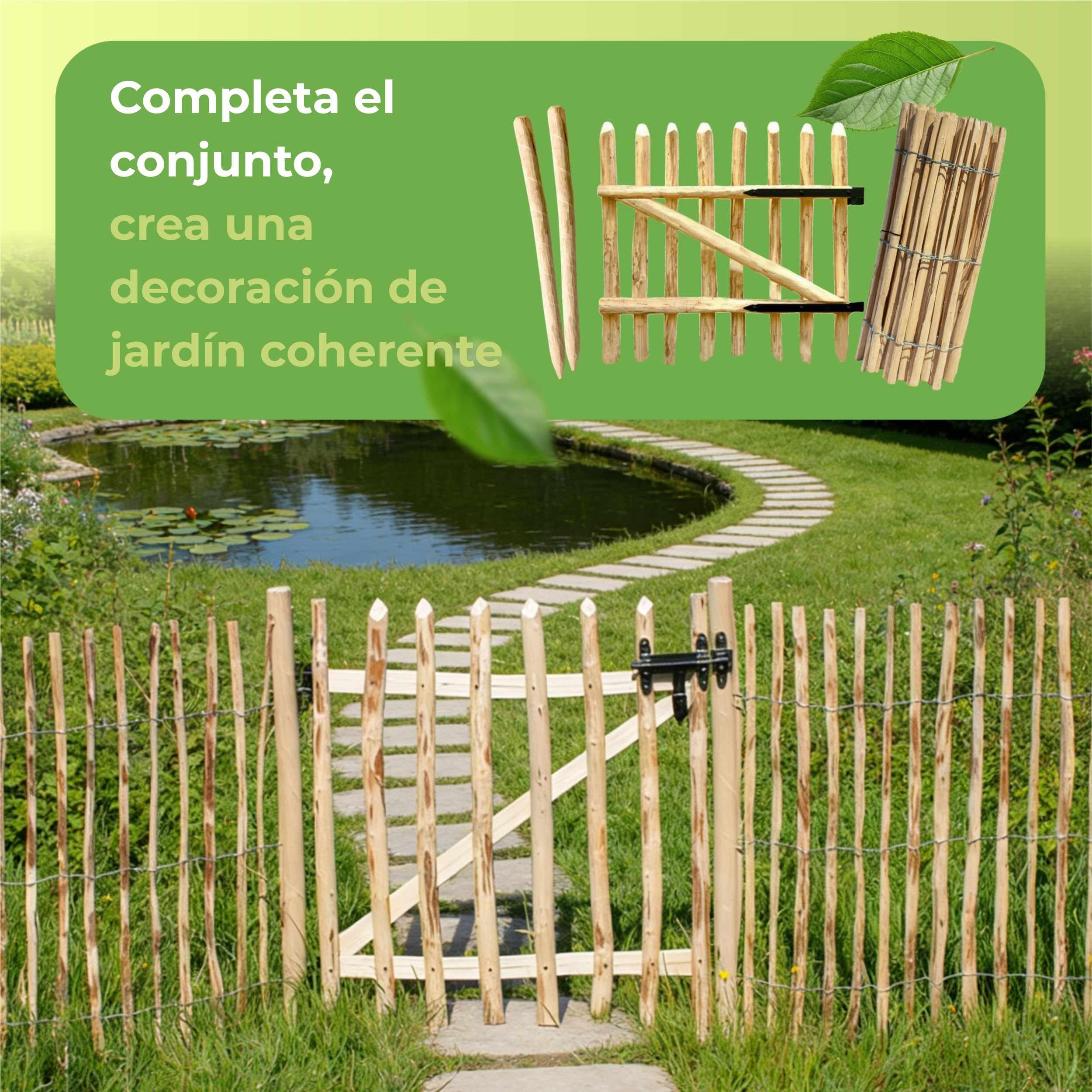 Cercado Enrollable de estacas de avellano y castaño 5m x 70cm Alto, separación 4-6cm, delimitación jardín, Madera Natural, huerto, Perros