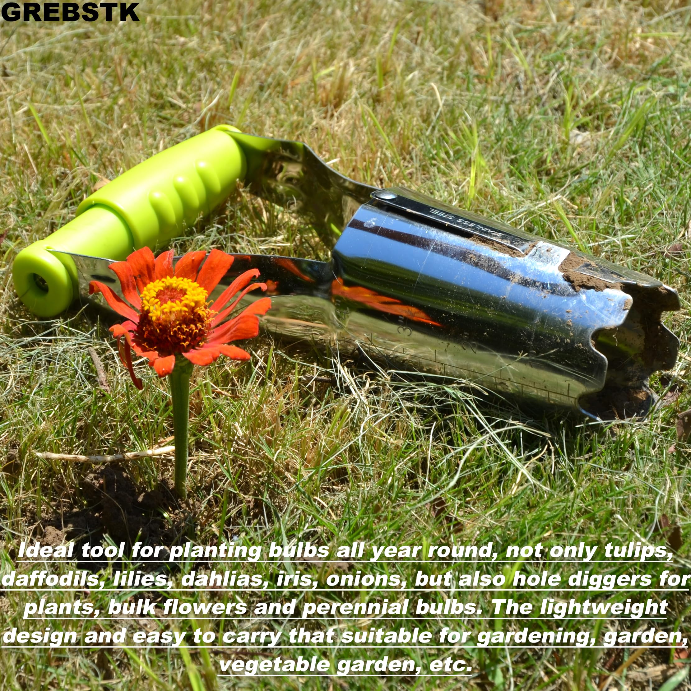 GREBSTK Strumento trapiantatore di bulbi da Giardinaggio in Acciaio Inossidabile con Segno di profondità e Maniglia di Rilascio del Suolo per piantare bulbi
