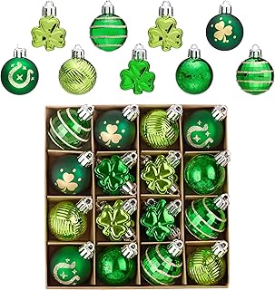Valery Madelyn St Patricks Day Decorations Shamrock Tree Ornament Set, 28pcs 1.57inch Hanging Ball Ornament Irish Festival Decor, Good Luck Clover Green Gold Christmas Ball for Party Home Spring