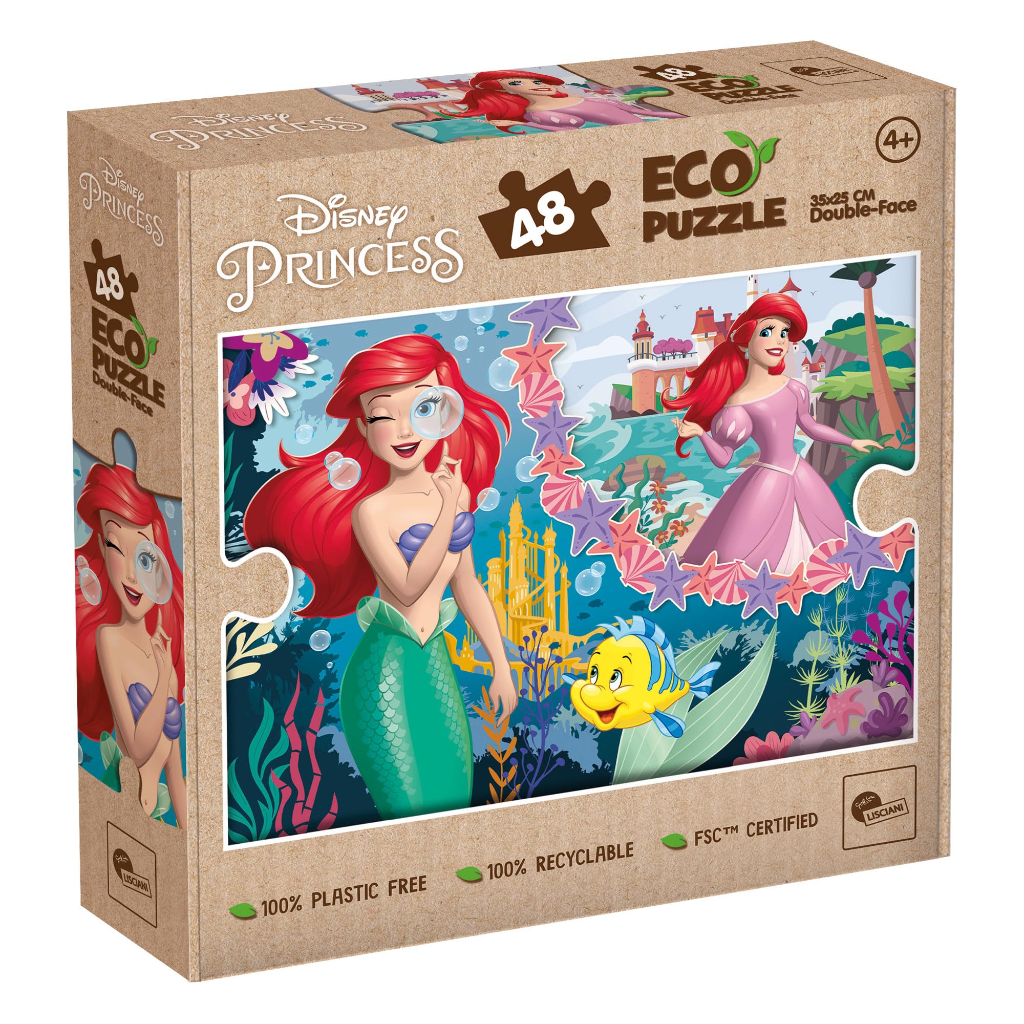 Lisciani - DISNEY PRINCESSES Ariel Puzzle - 48 Piece Double Sided Puzzle for Children from 4 years - Colouring Back - Format 25x35 cm - The Little Mermaid - 100% Recyclable - Birthday Gift Idea
