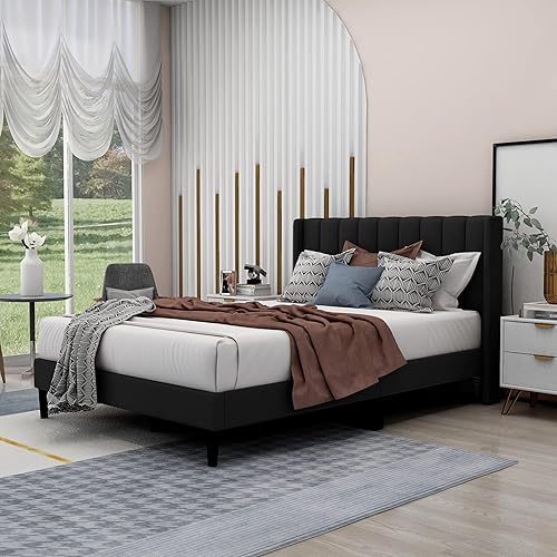 Base de cama de plataforma tapizada completa con cabecero, base de colchón, soporte de listones de madera, silencioso, no necesita somier, fácil de