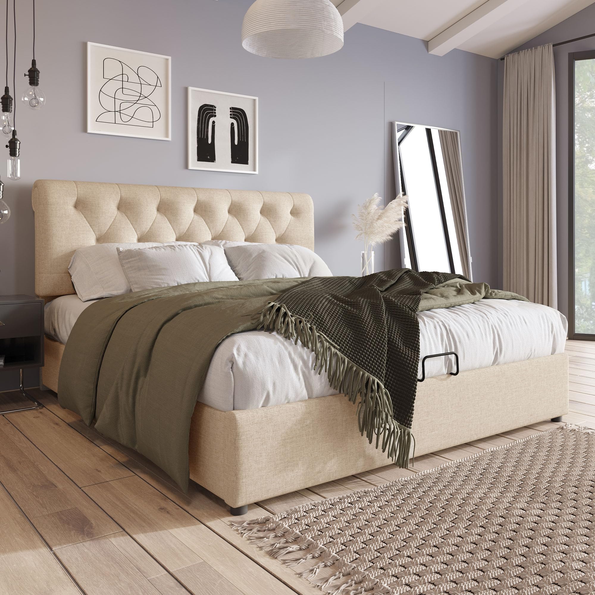 Idemon Letto imbottito idraulico, letto matrimoniale con testiera regolabile, rete a doghe in metallo, cassetta letto (senza materasso) (160 x 200 cm)