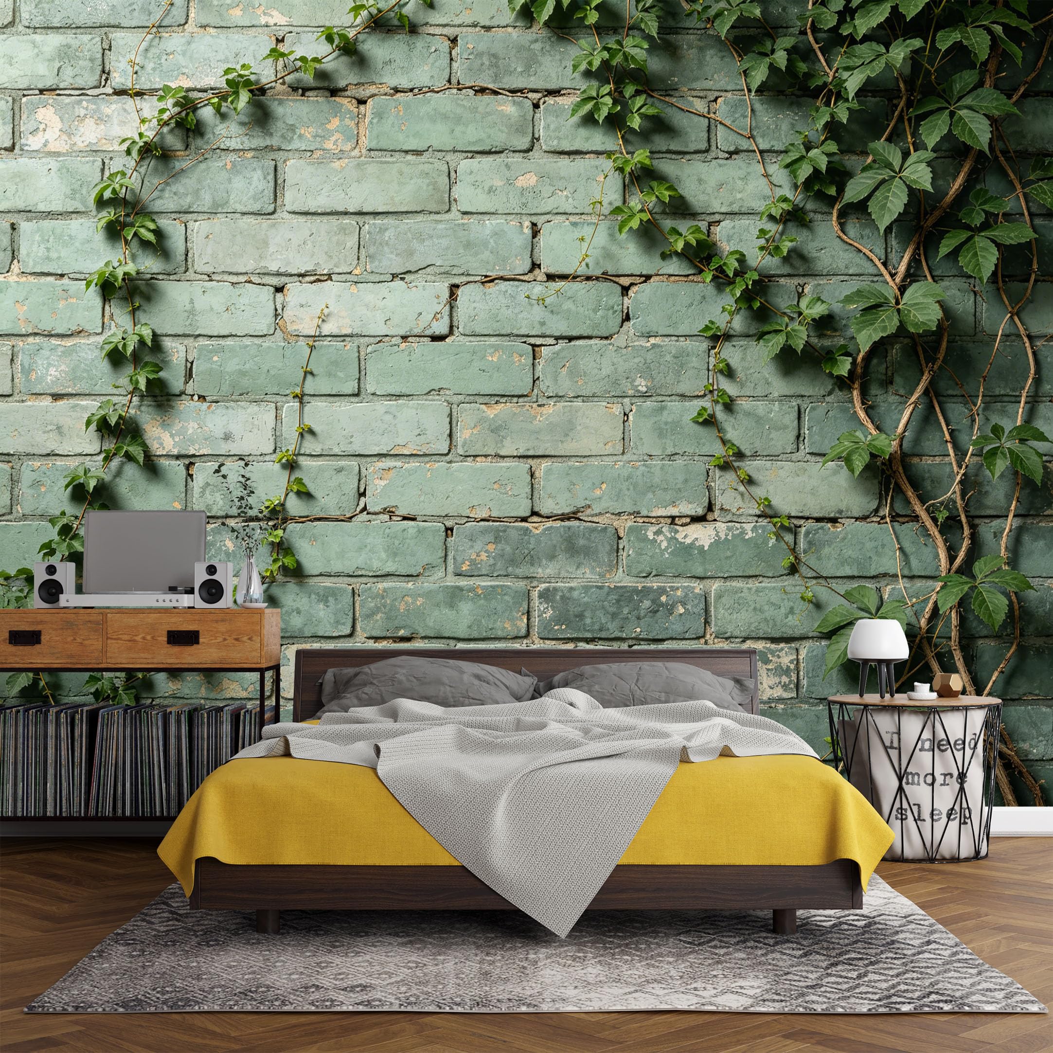 Custom Size Wall Mural， Botanical Green Ivy Brick Wall Vintage Rustic Texture，SelfAdhesive Art Prints wall Fabric (No PVC) Removable Wallpaper Living Room Decor