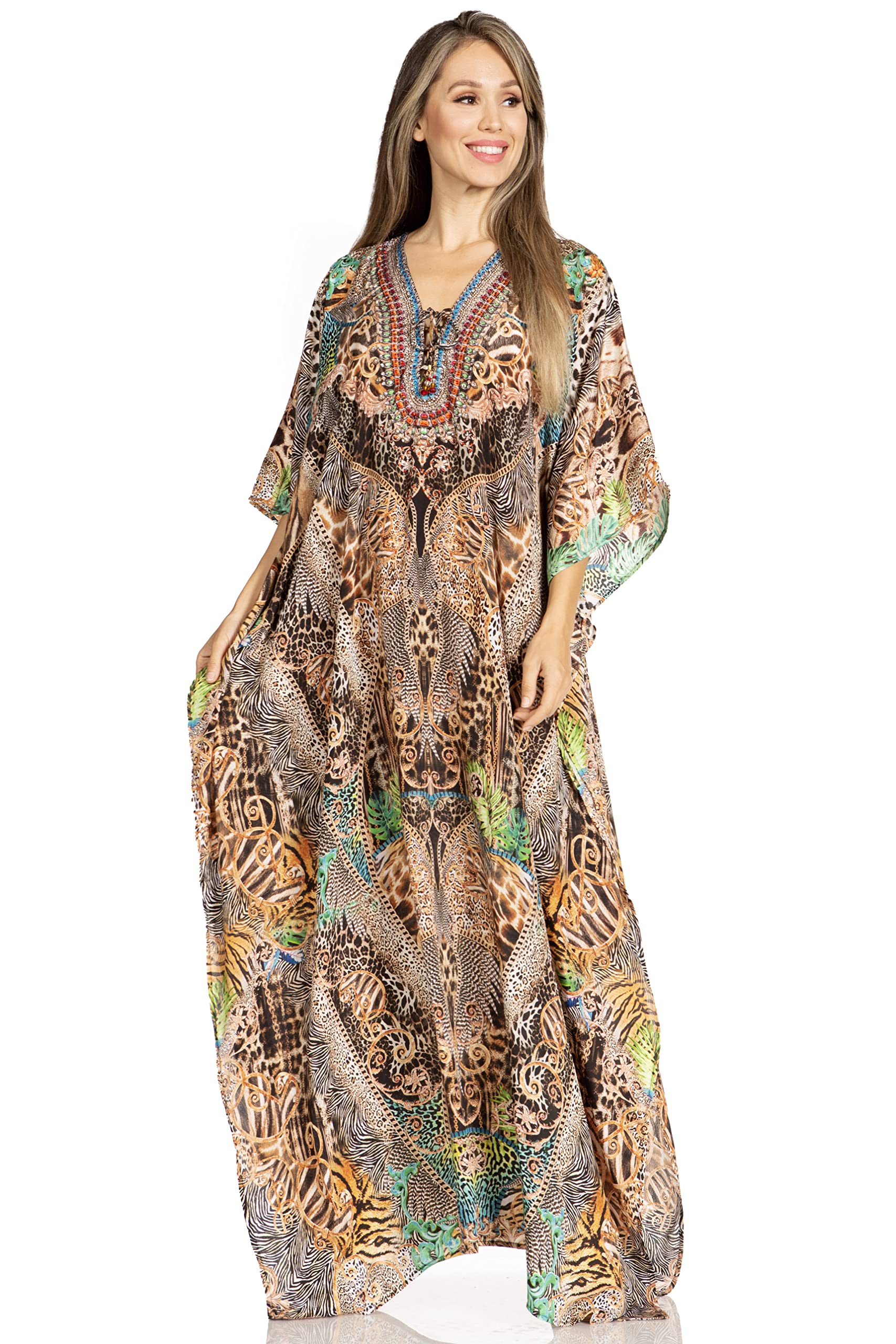 Sakkas Yeni Women's Short Sleeve V-Neck Summer Floral Long Caftan Dress Cover-up