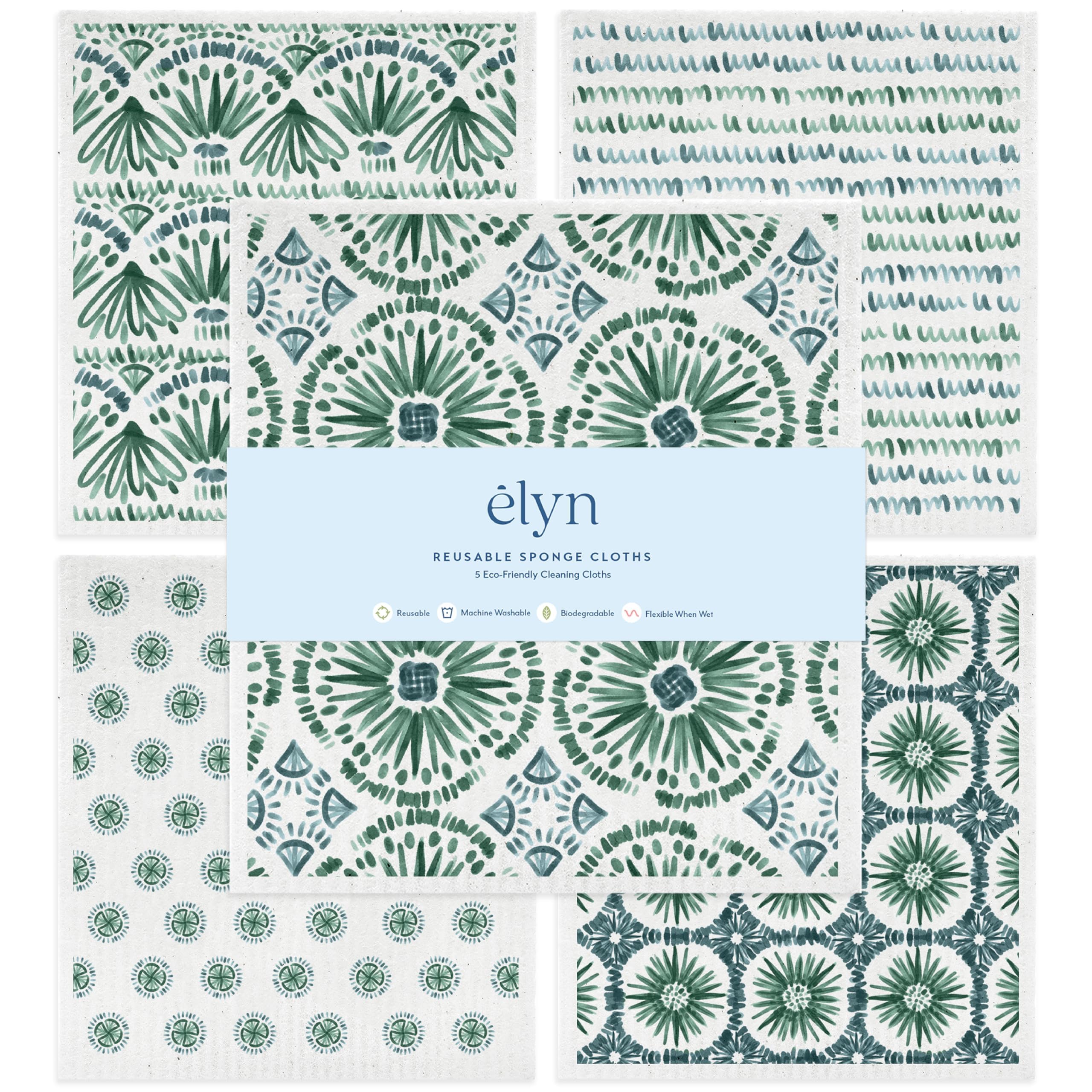 ELYN Swedish Dishcloths, Reusable & Washable Sponge Cloths, Absorbent Cleaning Paper Towels for Kitchen, Dishes, Counters and More, 5 Pack, Assorted Bohemian Patterns