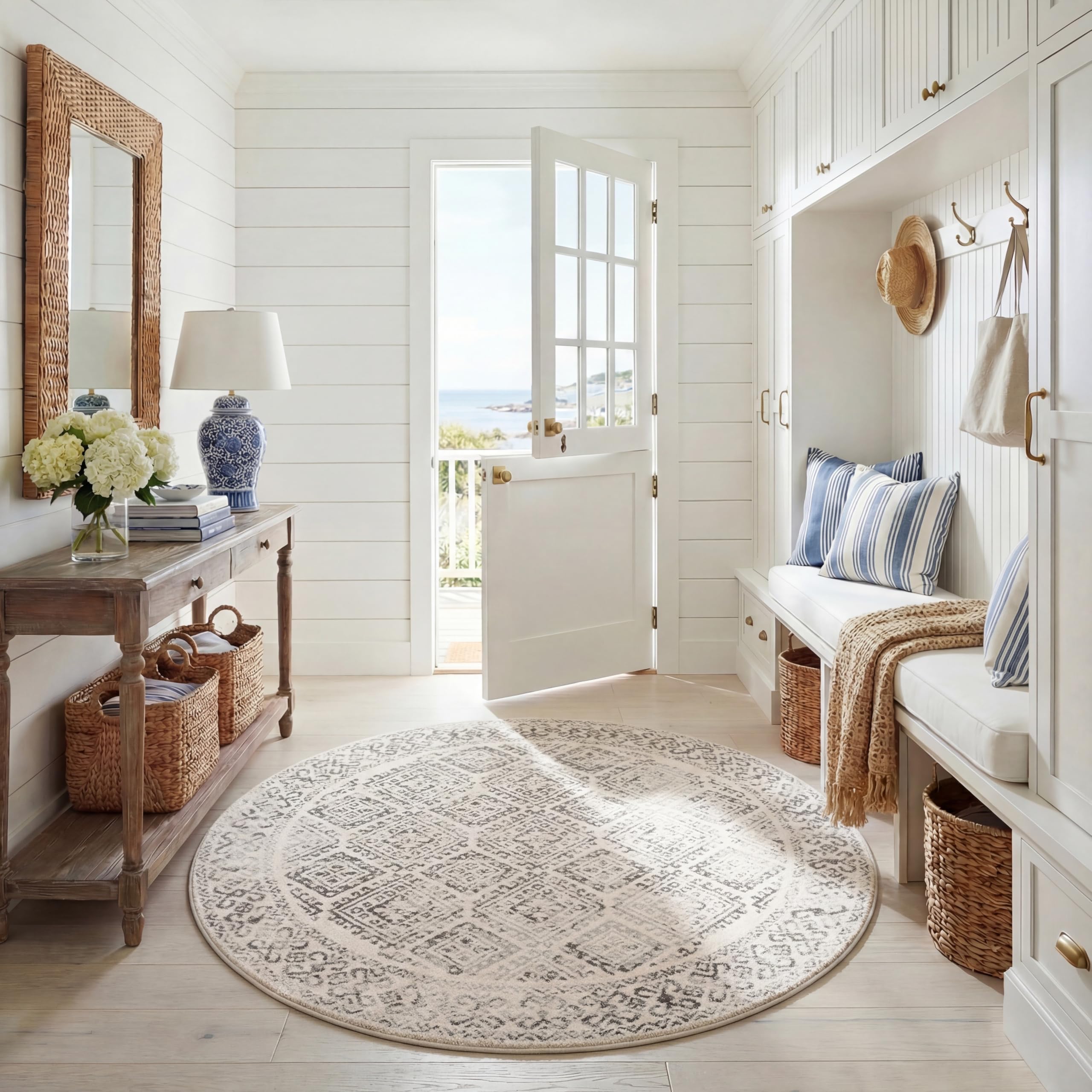 SAFAVIEH Tulum Collection Area Rug - 6'7" Round, Ivory & Grey, Moroccan Boho Distressed Design, Non-Shedding & Easy to Clean, Ideal for Living Room,
