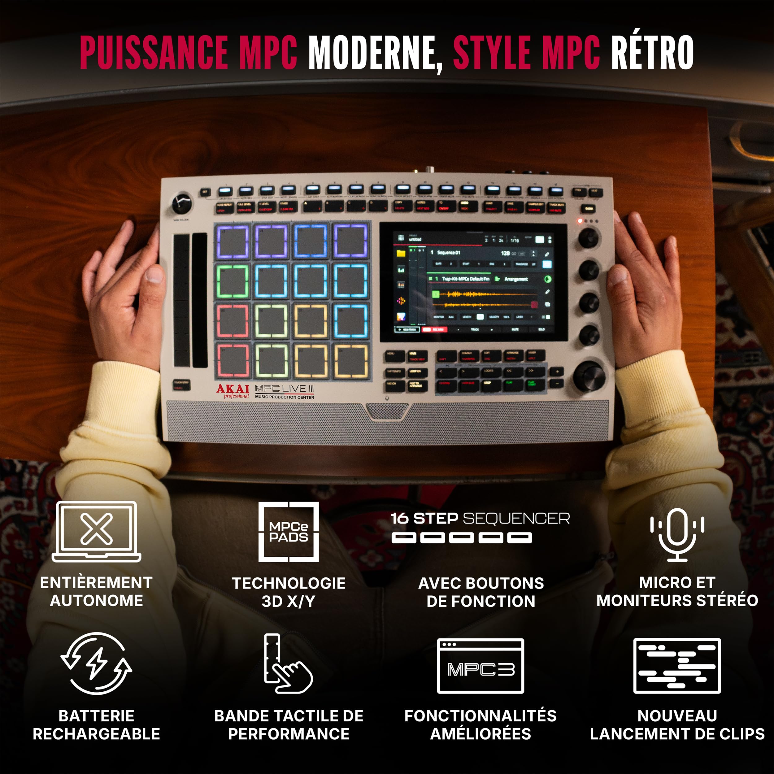 Akai Professional MPC Live III Retro Centre de Production Musicale Portable Autonome avec Pads MPCe, Séquenceur, Écran Tactile, Micro, Enceintes Stéréo, Interface Audio, Wi-Fi, Bluetooth et Batterie