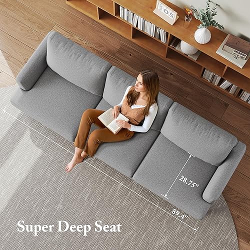 Miniatura 4 de Sofá de 3 plazas con asientos profundos, sofá tapizado moderno de mediados de siglo de 89 pulgadas con reposabrazos, cómodos sofás para sala de