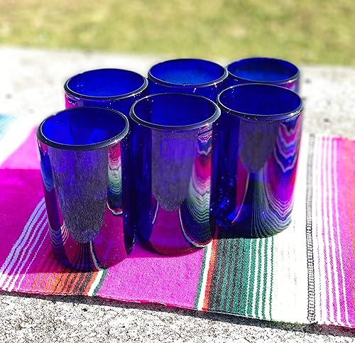 Miniatura 4 de Vasos mexicanos soplados a mano, juego de 6 vasos de agua de cobalto (14 onzas cada uno)