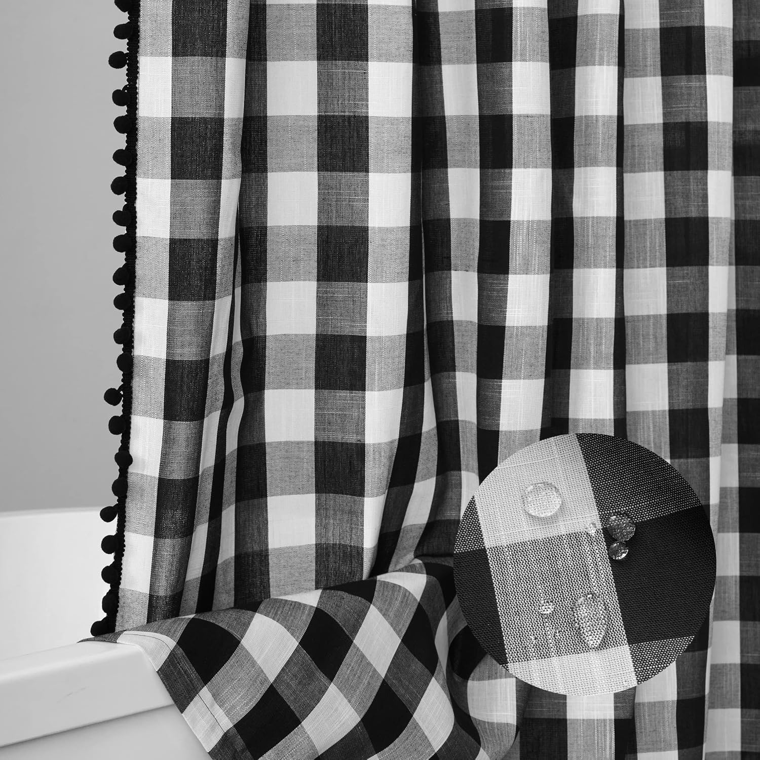 VOILYBIRD Black and White Shower Curtain Linen Texture Buffalo Plaid Farmhouse and Boho Mix with Pompoms 72x72