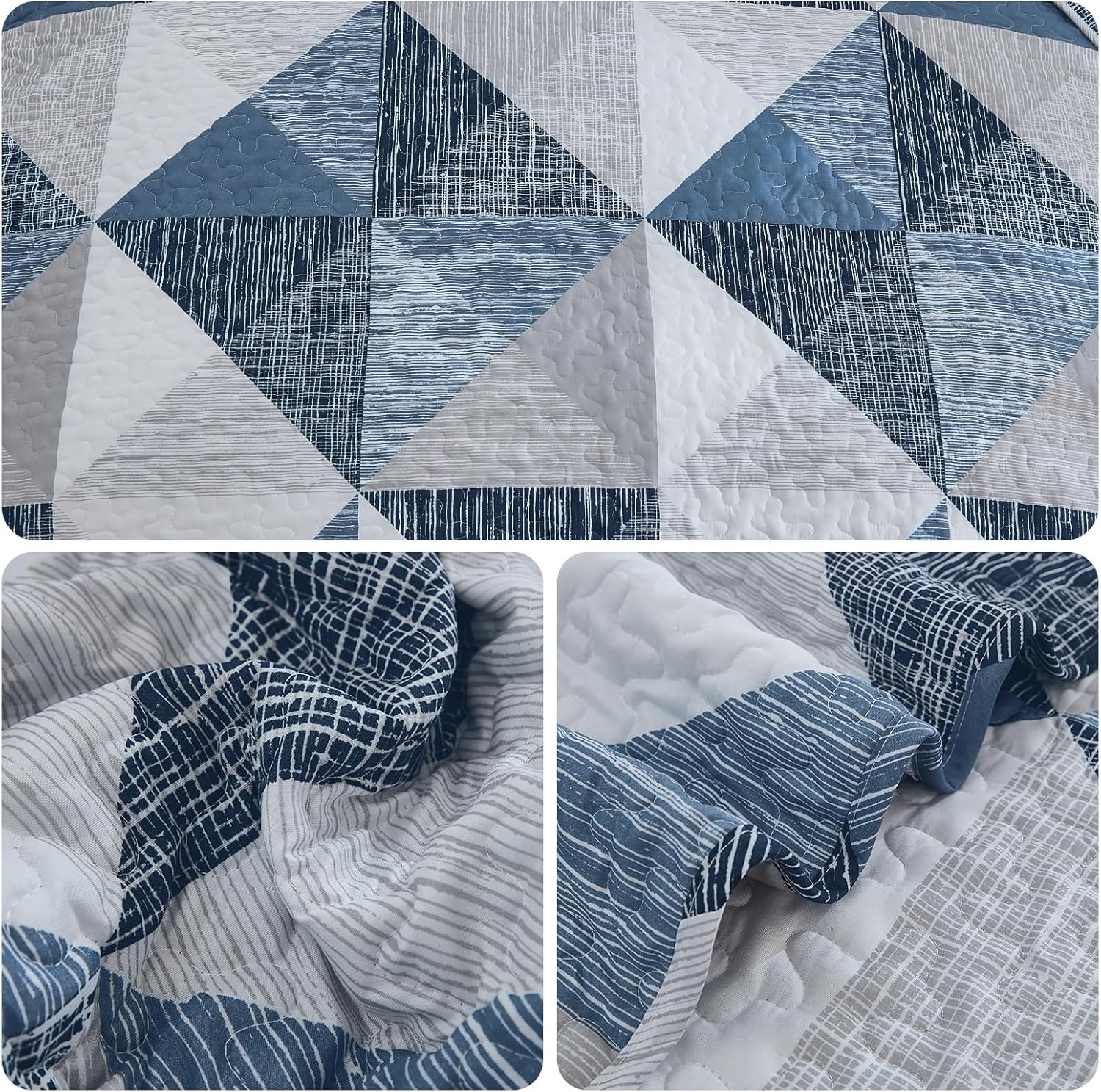 Dintszyayue Quilt Queen Size Blue, 3 Pieces Patchwork Bedspread Bedding for Queen Size Bed, Soft Lightweight Microfiber Geometric Coverlet Set for All Season Quilt with 2 Pillowcases - Image 8