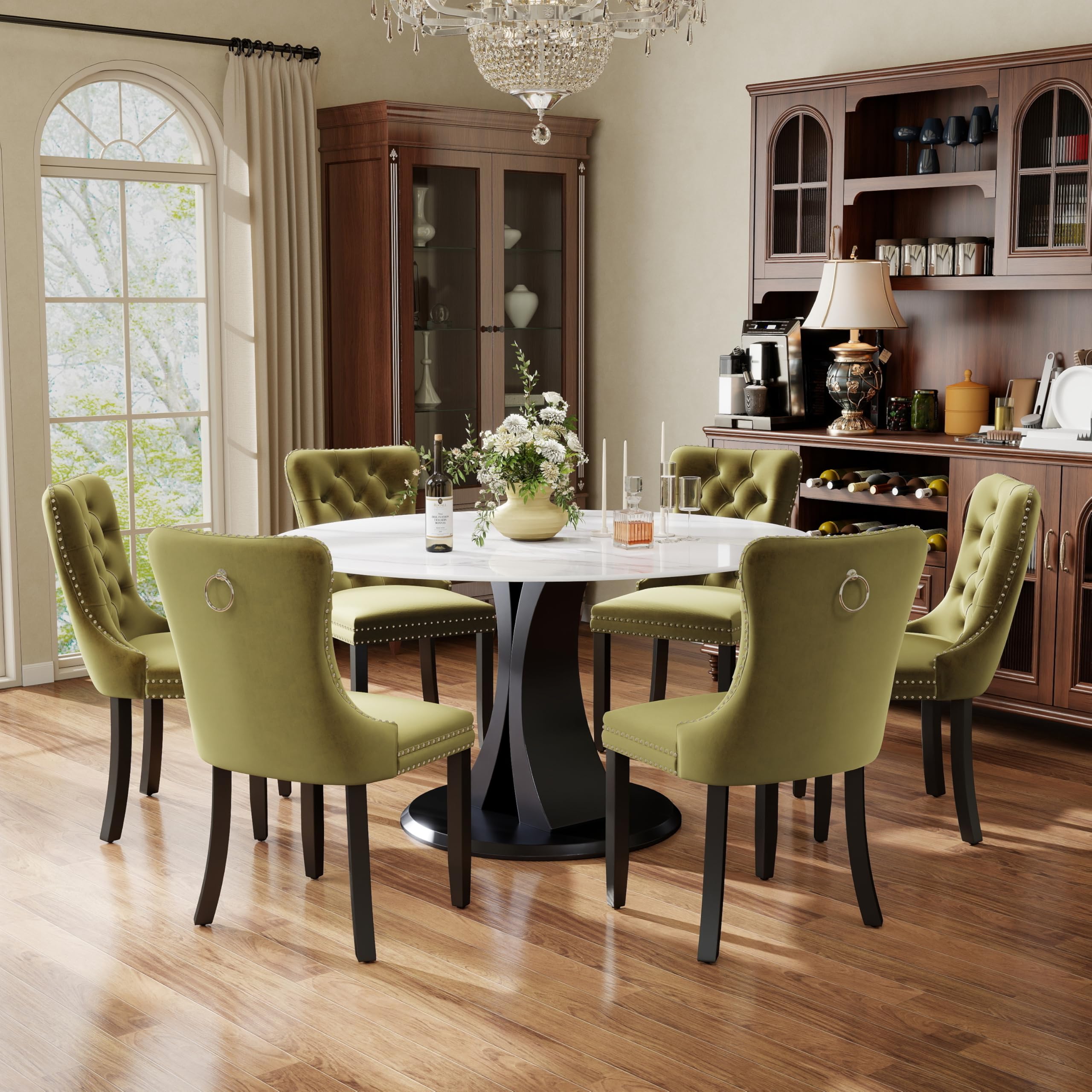 7-Piece Dining Table Set with 47In Faux Marble Table and 6 Velvet Upholstered Chairs, Modern Scandinavian Furniture for Dining Room Kitchen(Olive Green)