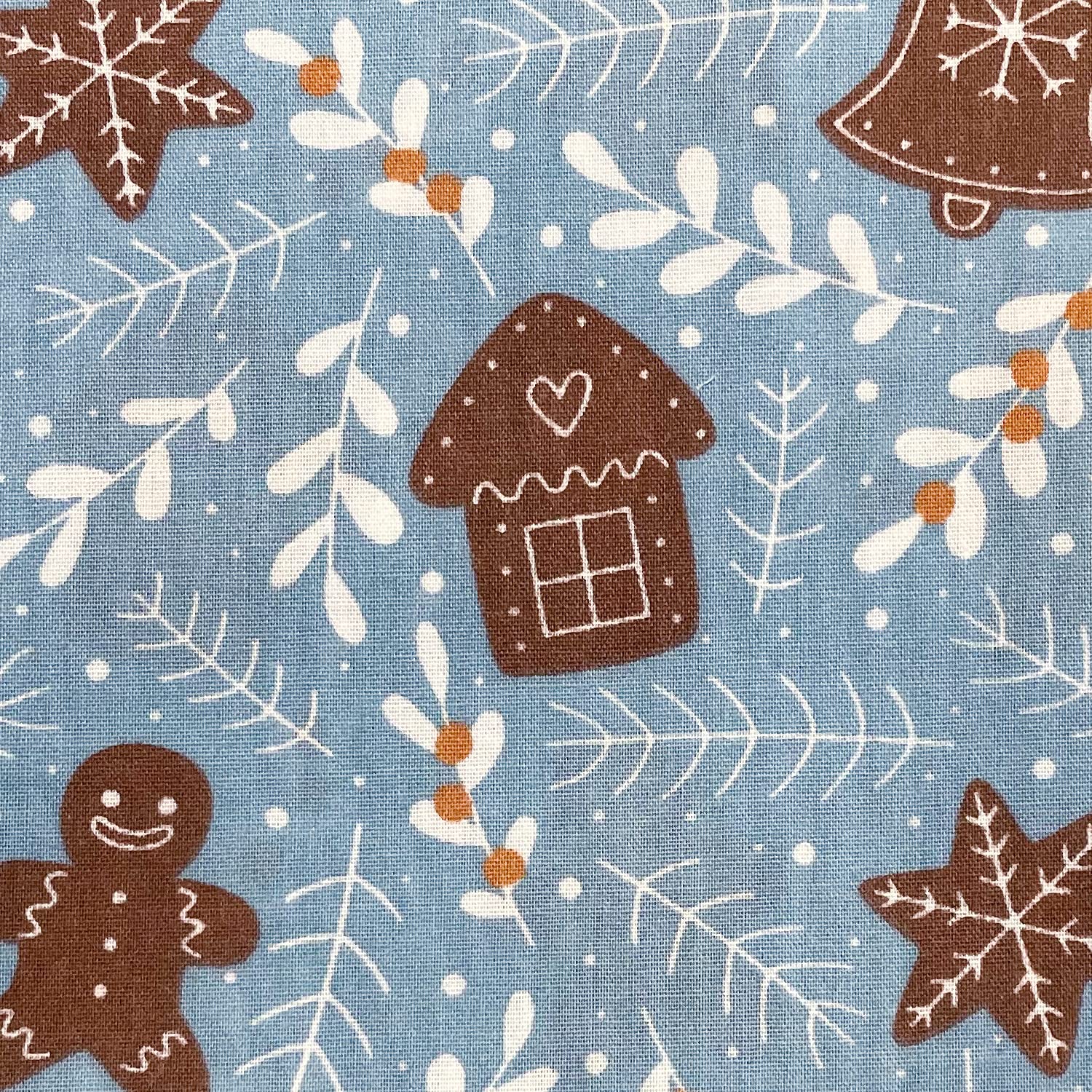 Oddies Men's Blue Christmas Fabric - Gingerbread House Tree Star On - Polycotton Xmas Craft Fabric Material Metre