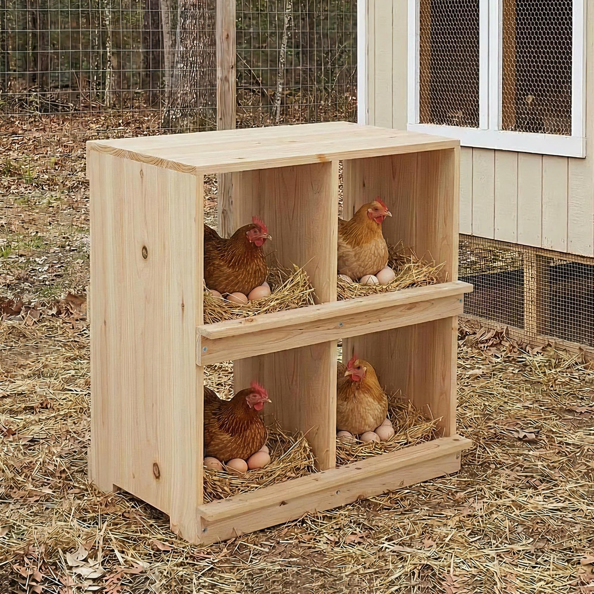 Garvee Gallinero de Madera con Nidal de Doble Capa de 4 Compartimentos, Caseta para Gallinas Ponedoras, Diseño Rural con Techo Inclinado, Montaje Sencillo, para Interior del Corral, Madera Natural