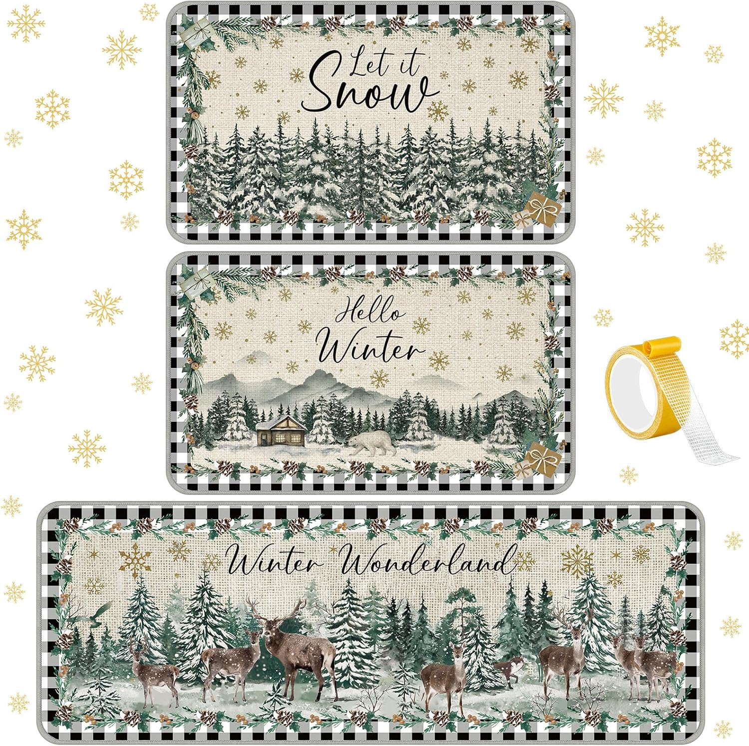 3 Pcs Winter Wonderland Kitchen Mat and Rug Non Slip Doormat Washable Waterproof Floor Mats Farmhouse Holiday Kitchen Decor for Home Floor Office Bathroom Party Rustic Decor Grey Winter Wonderland