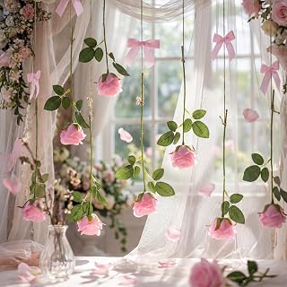 8 Set Artificial Rose Vine Flower Garland for Decoration Floral Hanging Rose with Bows Ceiling Decor with Hooks Jute Rope Fishing Line for Wedding, Proposal, Arch, Background (Pink)