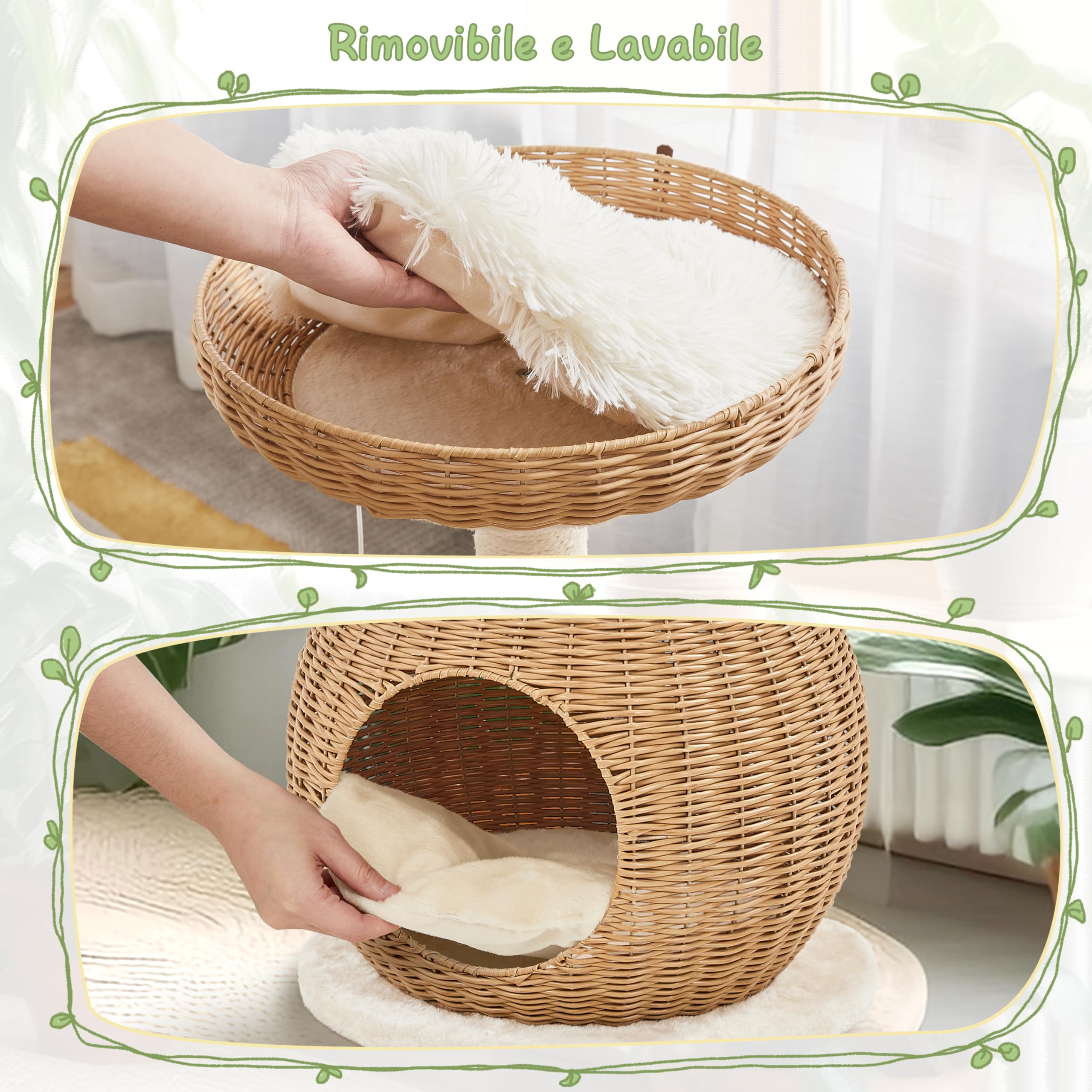 Yaheetech Tiragraffi per Gatti Albero per Gatti in Rattan Intrecciato Trespolo Cuccia per Gatti con Pallina Gioco Altezza 75cm Beige