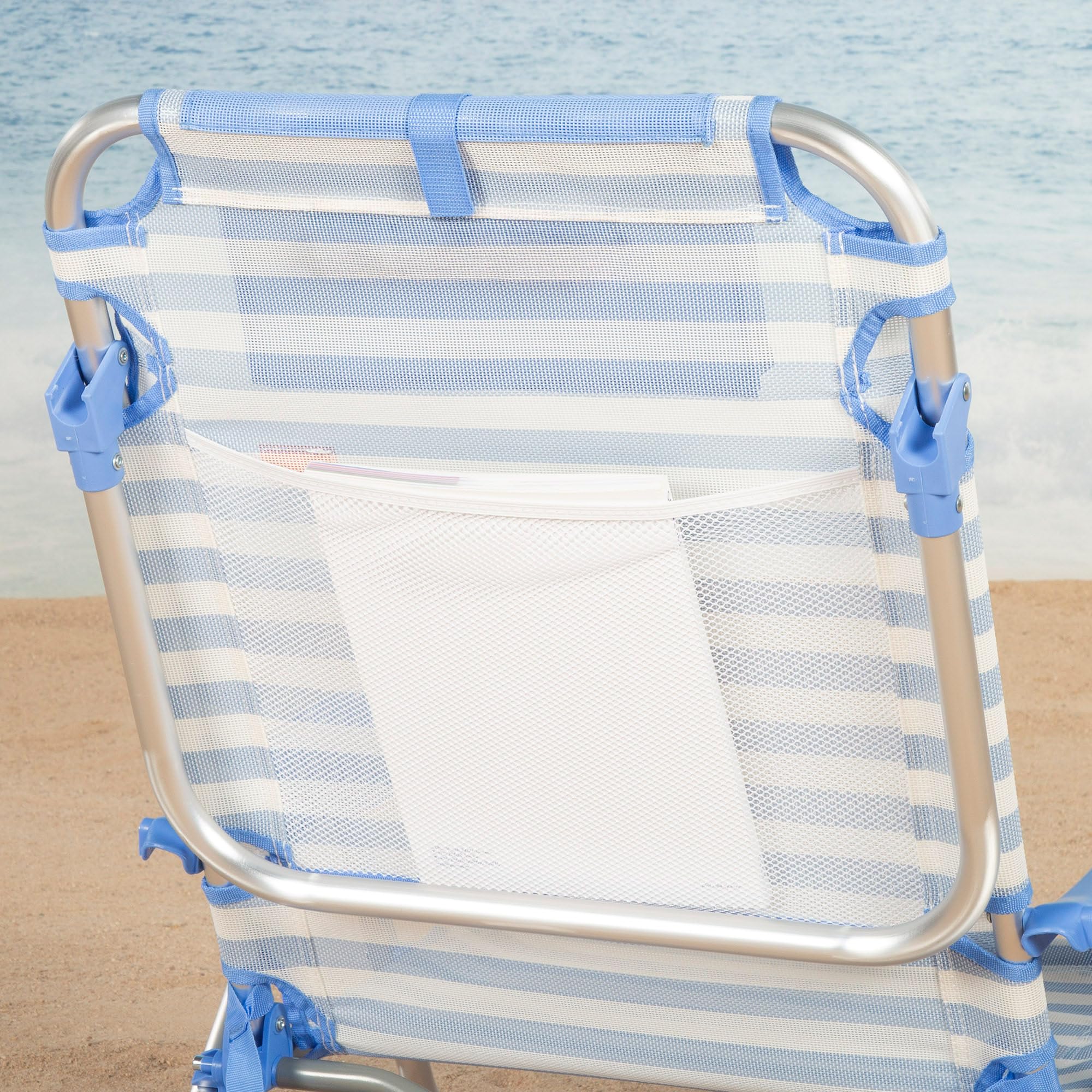 AKTIVE Silla de Playa Plegable, Rayas marineras, 51x45x76 cm, 4 Posiciones, Aluminio y textileno, Antivuelco, Soporta 110 kg, Cojín, Asa Transporte, Bolsillos, Tumbona jardín (62547)